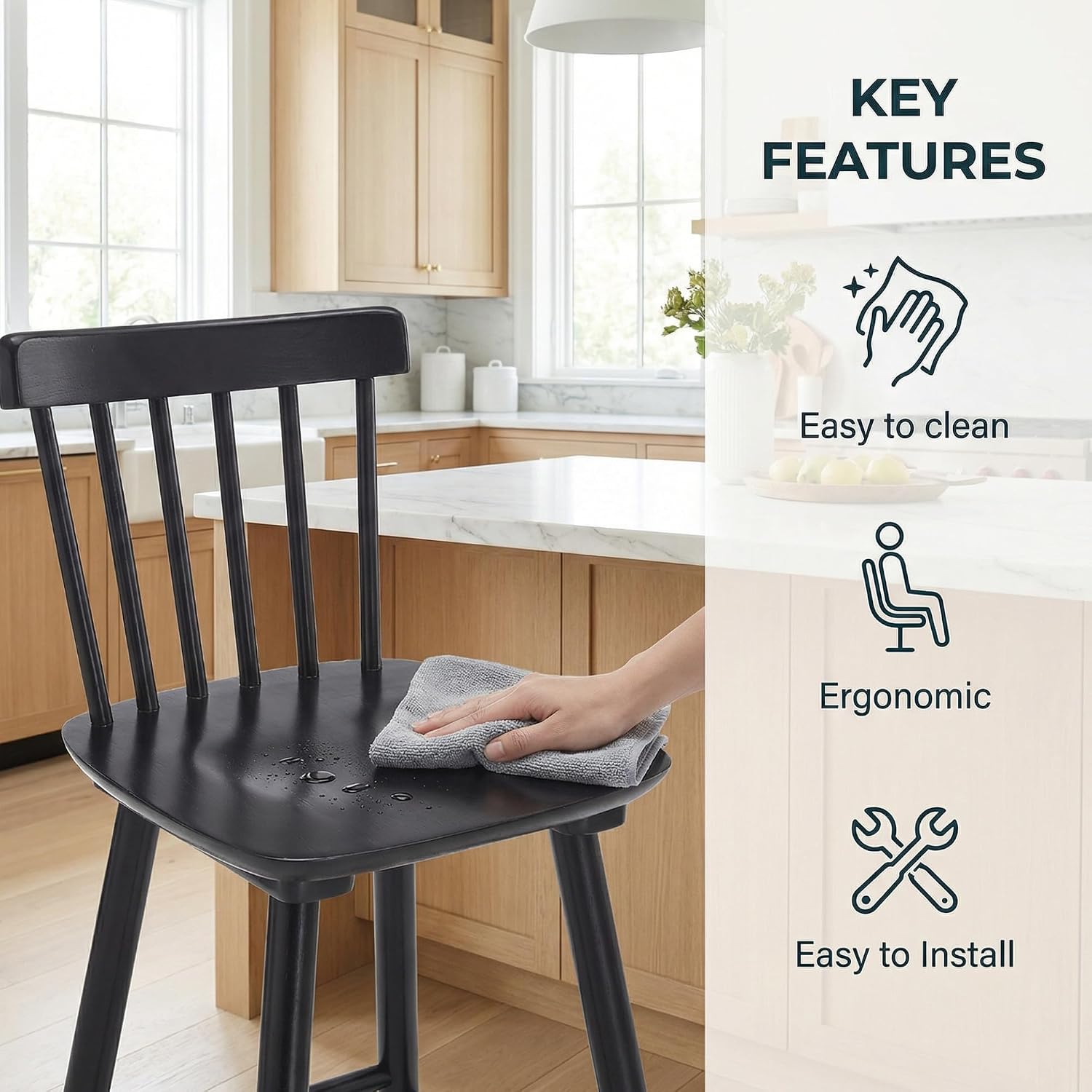 Windsor Bar Stools Set of 2, 26 Inch Counter Height Barstools Wooden Barstools with Spindle Back/Bigger Seat for Kitchen Island/Breakfast Bar/Home Pub, Black