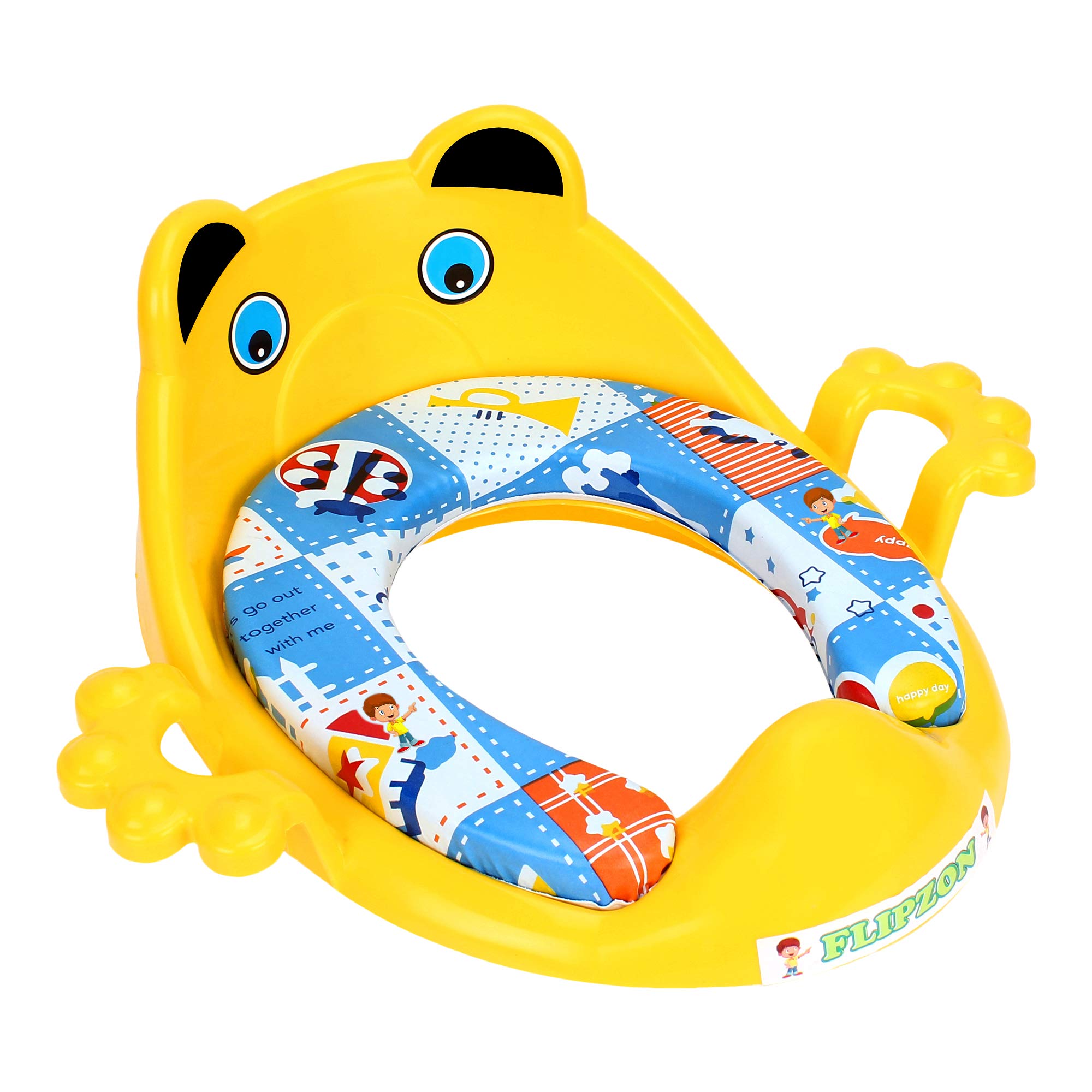 FLIPZON Premium Baby Cushioned Potty Seat With Easy Grip Handles And Comfortable Seat/Toilet Seat With Handle For Kids/Suitable For Baby Boy/Girl (Yellow) - Plastic
