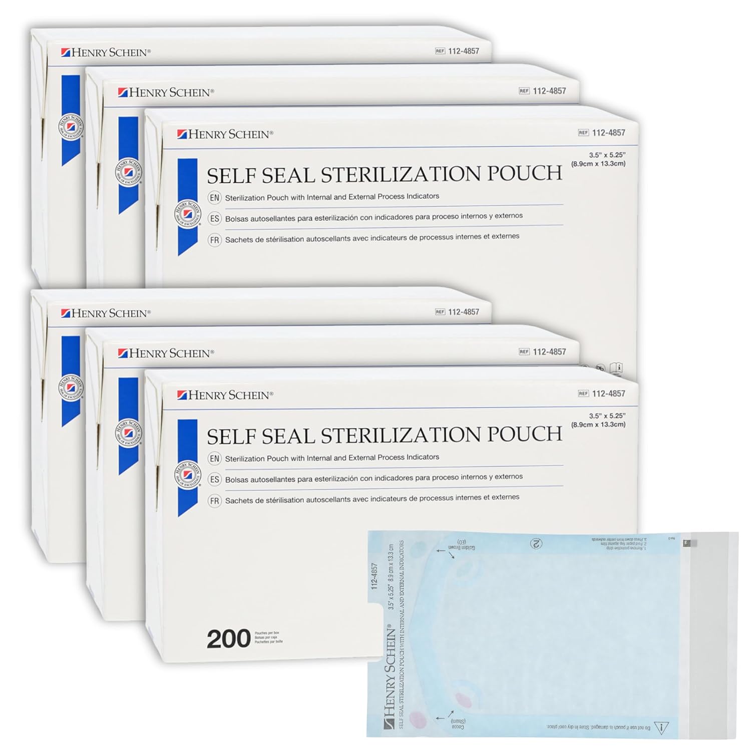 Henry Schein Self-Sealing Sterilization Pouches, Latex-Free, Built in Color Change Guide 3.5 in x 5.25 in 200/Bx, 6 Boxes/Case, 1200 Counts