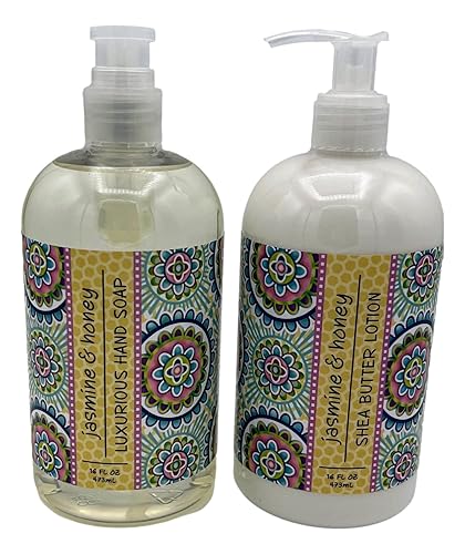 Greenwich Bay Trading Co, juego de jabón de manos y loción de manteca de karité, jazmín y miel, 16 onzas cada uno