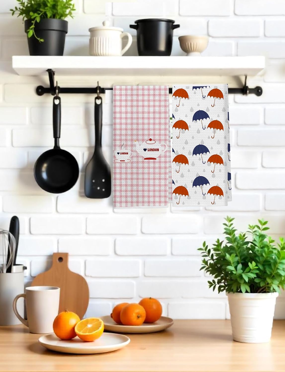London British Gifts Kitchen Towels, London Souvenirs Travel Gifts Dish Tea Towels, Vintage Tea Time Umbrella Decorative Hand Towel for Kitchen, 16x24 Inch Set of 2 image 3