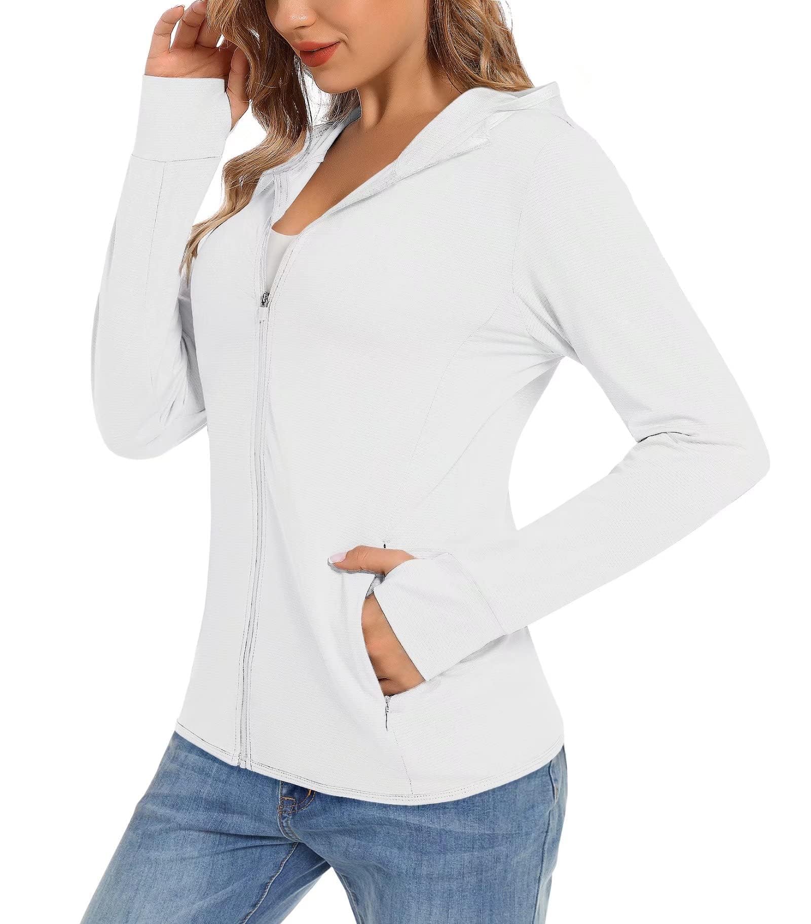 TACVASEN Damen UV Shirt Kapuze Jacke Langarm Laufshirt Schnelltrocknend Sportshirt Full Zip Sun Hoodie mit Daumenloch