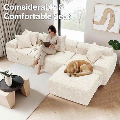 Miniatura 5 de Sofá modular modular de 119 pulgadas, sofá modular de compresión con diván, sofás tapizados, almohadas para sala de estar y dormitorio, color beige