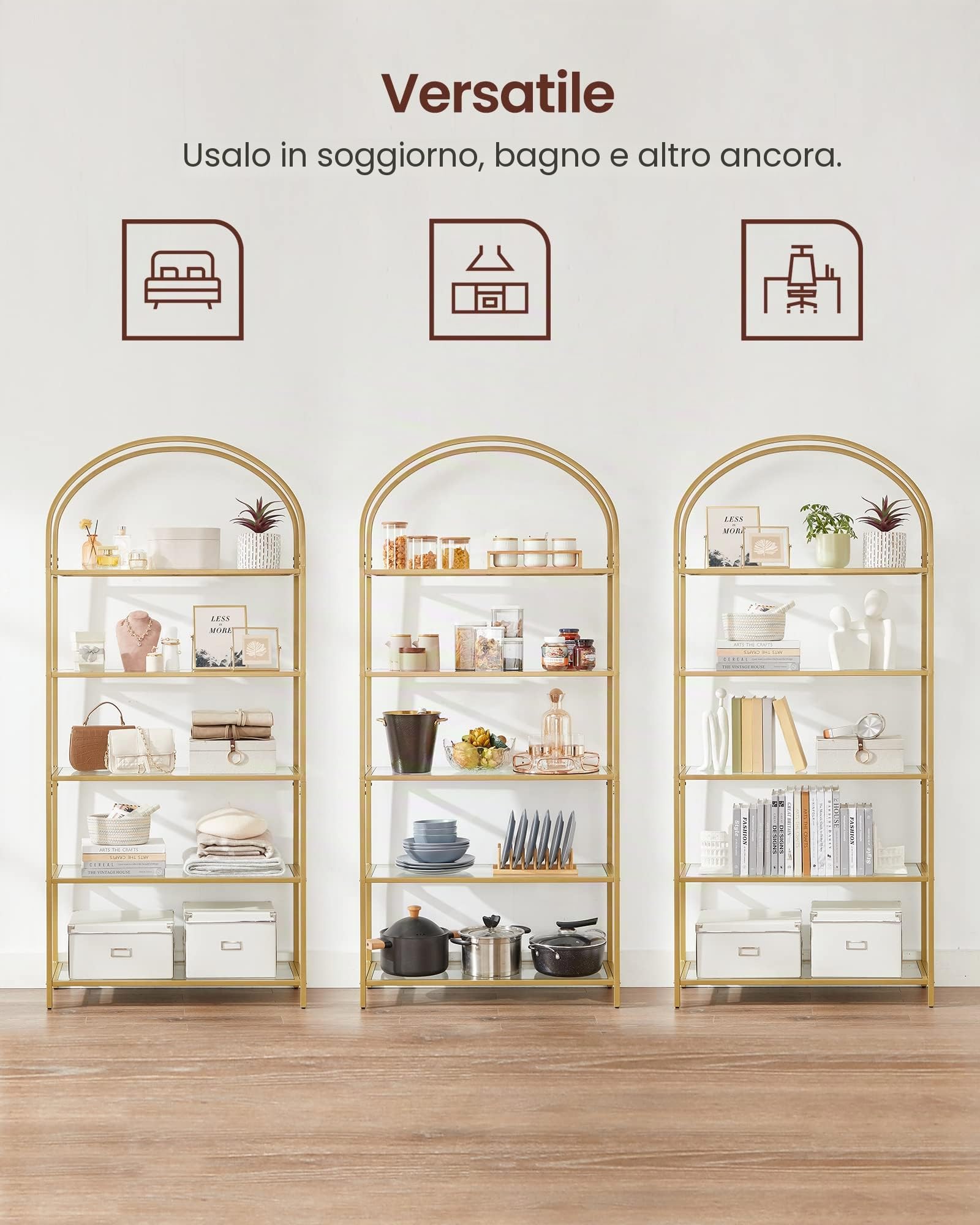 VASAGLE Scaffale Portaoggetti a 5 Ripiani, Libreria Scaffale in Vetro Temperato, Design ad Arco, Struttura in Metallo, per Soggiorno Camera da Letto Studio Bagno, Dorato e Trasparente LGT050A01