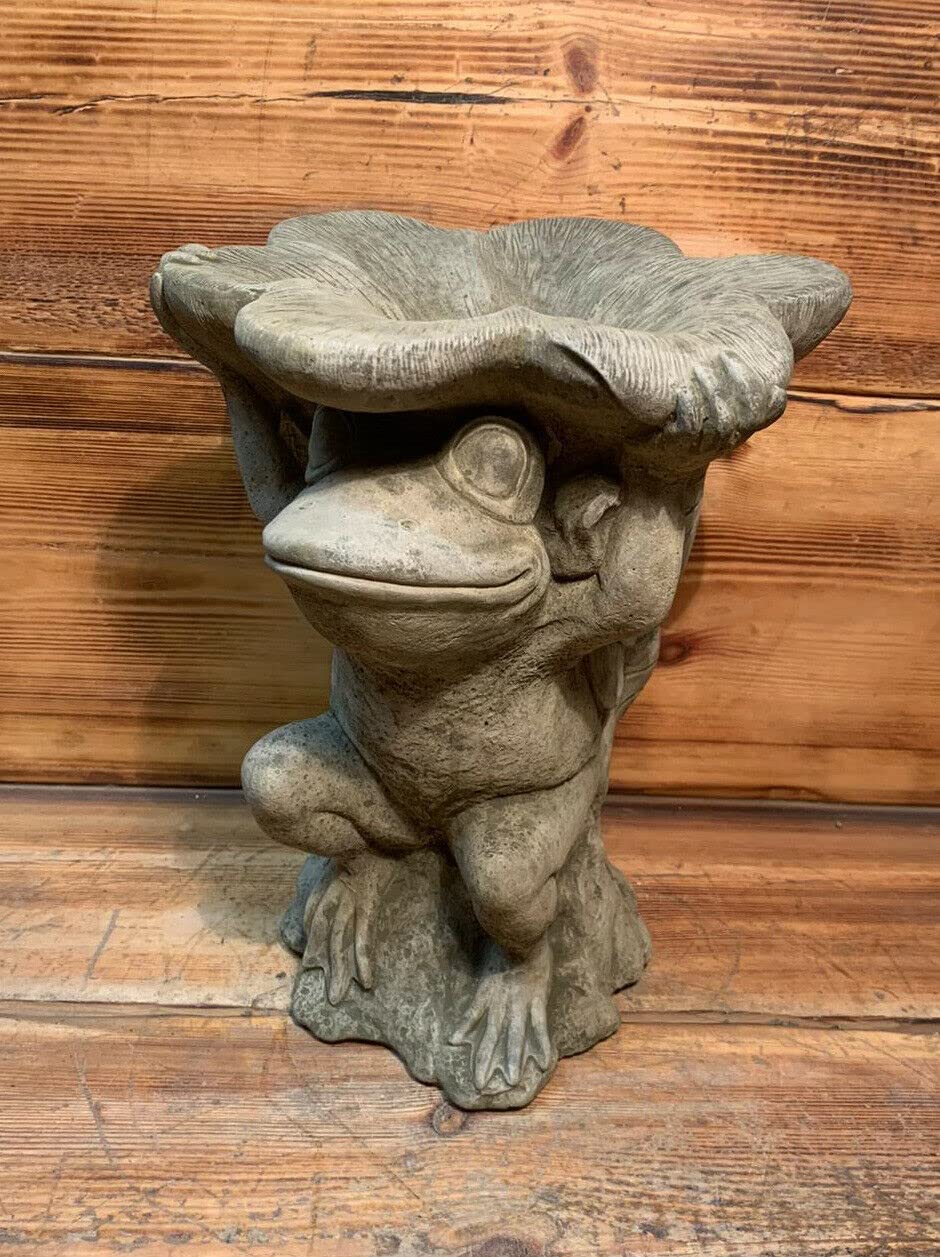 J And L Stone Ornaments Grey Stone Frog Bird Bath Statue, Outdoor, Garden Statue