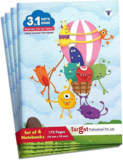 TARGET PUBLICATIONS 3 in 1 /Maths Square 9 MM Single Line Notebook Four Line Notebook-172 Pages 18 x 24 cm Soft Bound 57 G...