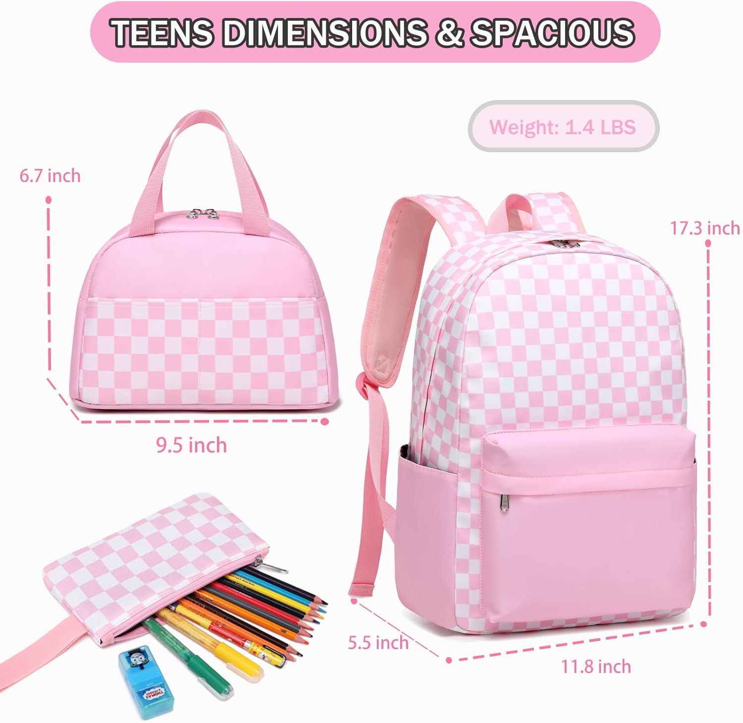 School Backpack for Girls Teens Checkered Bookbag with Lunch Box Set Kids Backpack Elementary Middle School Bag (Checker-Pink)