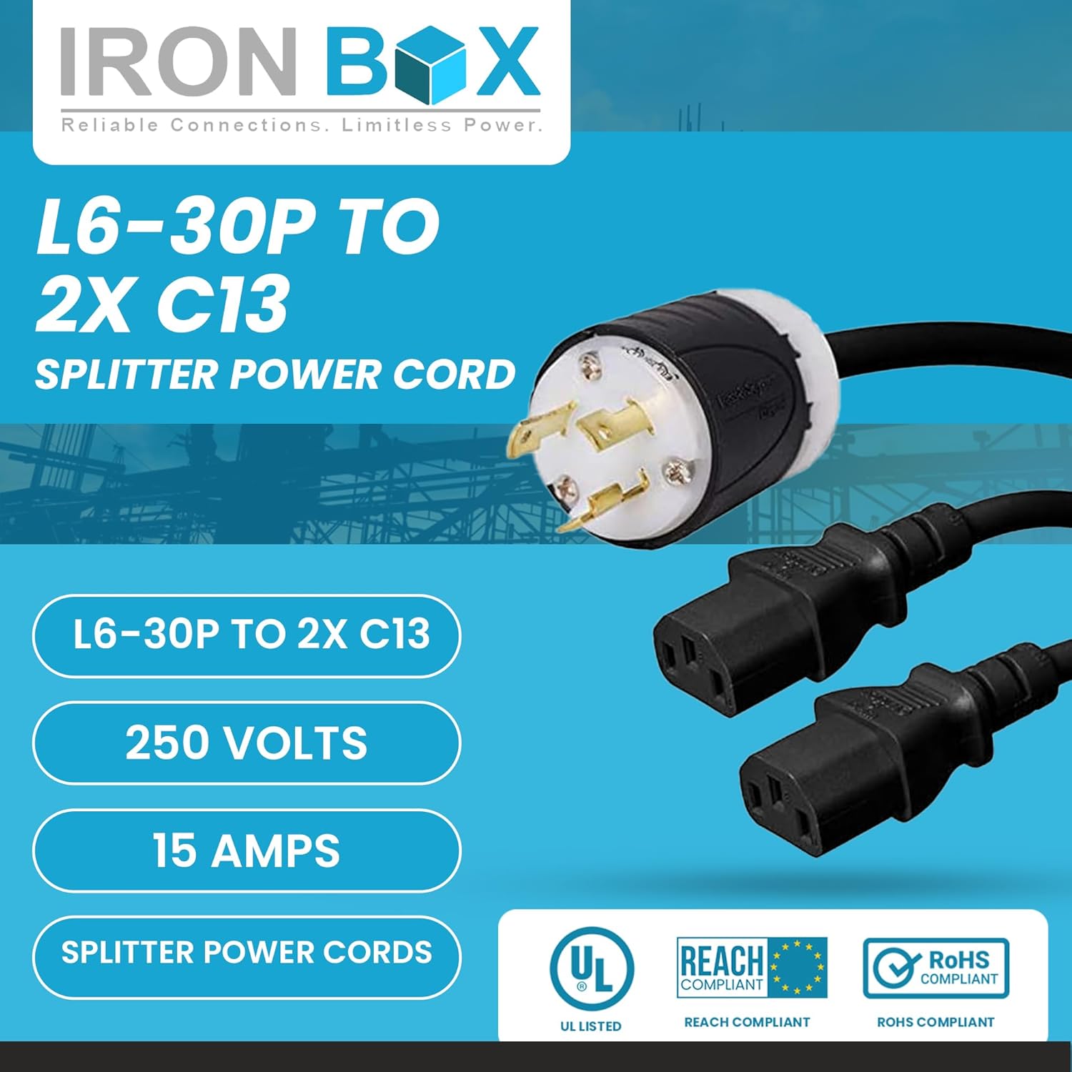 IronBox Electric L6-30P to 2X C13 Splitter Power Cords - 15A/250V, 14 AWG, 14/3 SJT - UL Listed Power Supply Cable - Heavy Duty Power Plug and Cord for Computer, Data Centers, Generator & More (8 ft)