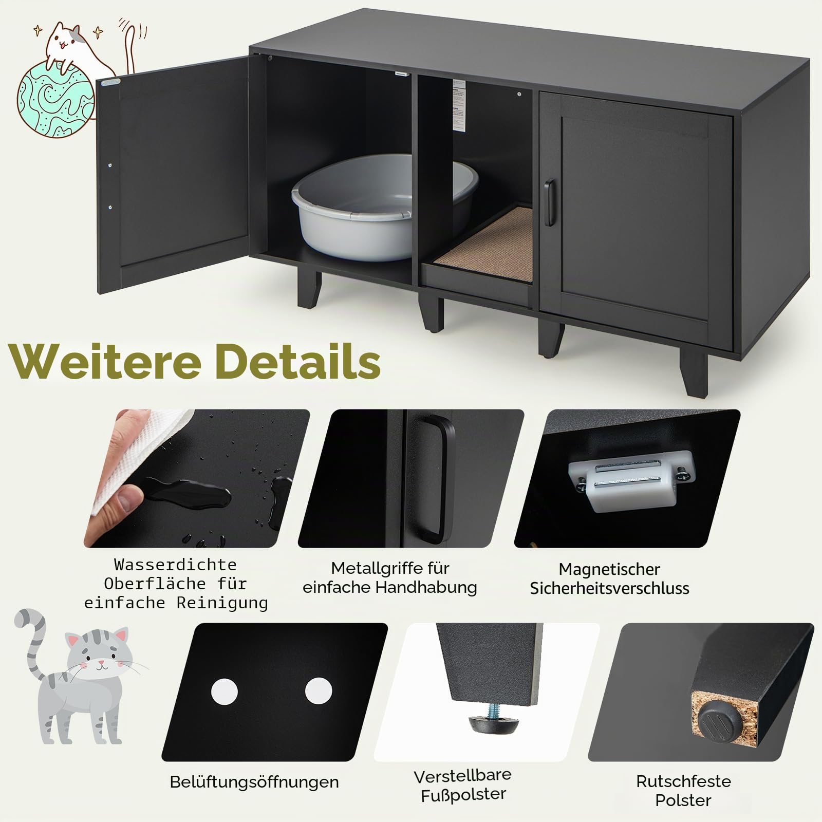 GYMAX Katzenklo Schrank für 2 Katzen, Katzenschrank für Katzentoilette mit 2 Türen, verdecktem Eingang & Kratzbrett, XXL Katzenhaus für große Katzen, Katzenklo Möbel, 120 x 52 x 65 cm (Schwarz)