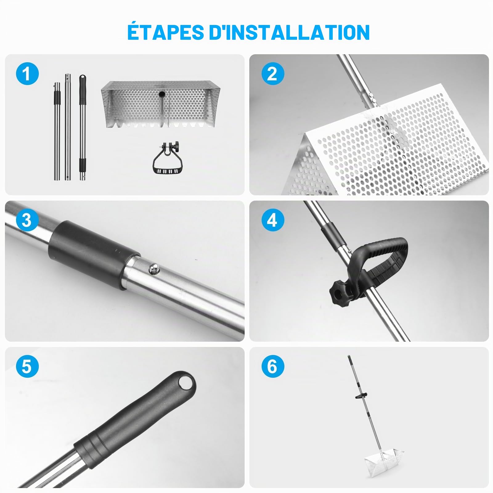 Râteau anti-puces de plage en acier inoxydable 304 et seau – Poignée amovible de 132 cm de long, attrape-crabes de sable, râteau pliable pour dents de requin, collecte des puces et coquillages