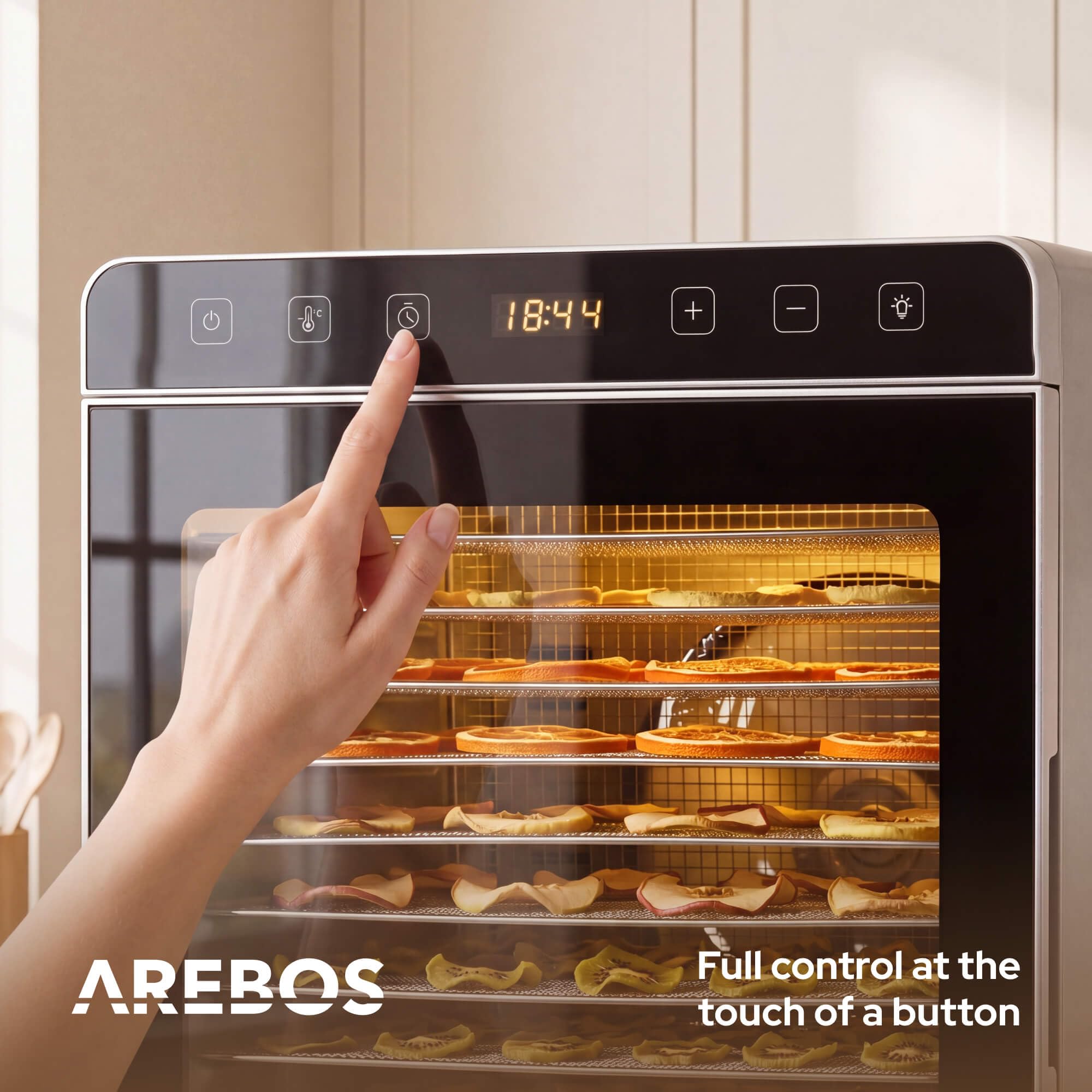 Arebos Suszarka do Żywności 800 W ze Stali Nierdzewnej | 12 Rusztów ze Stali Nierdzewnej | Pojemność 29 L | Panel Dotykowy, Oświetlenie LED, Timer 24 h, 30-85°C | Owoce, Mięso, Zioła i Warzywa