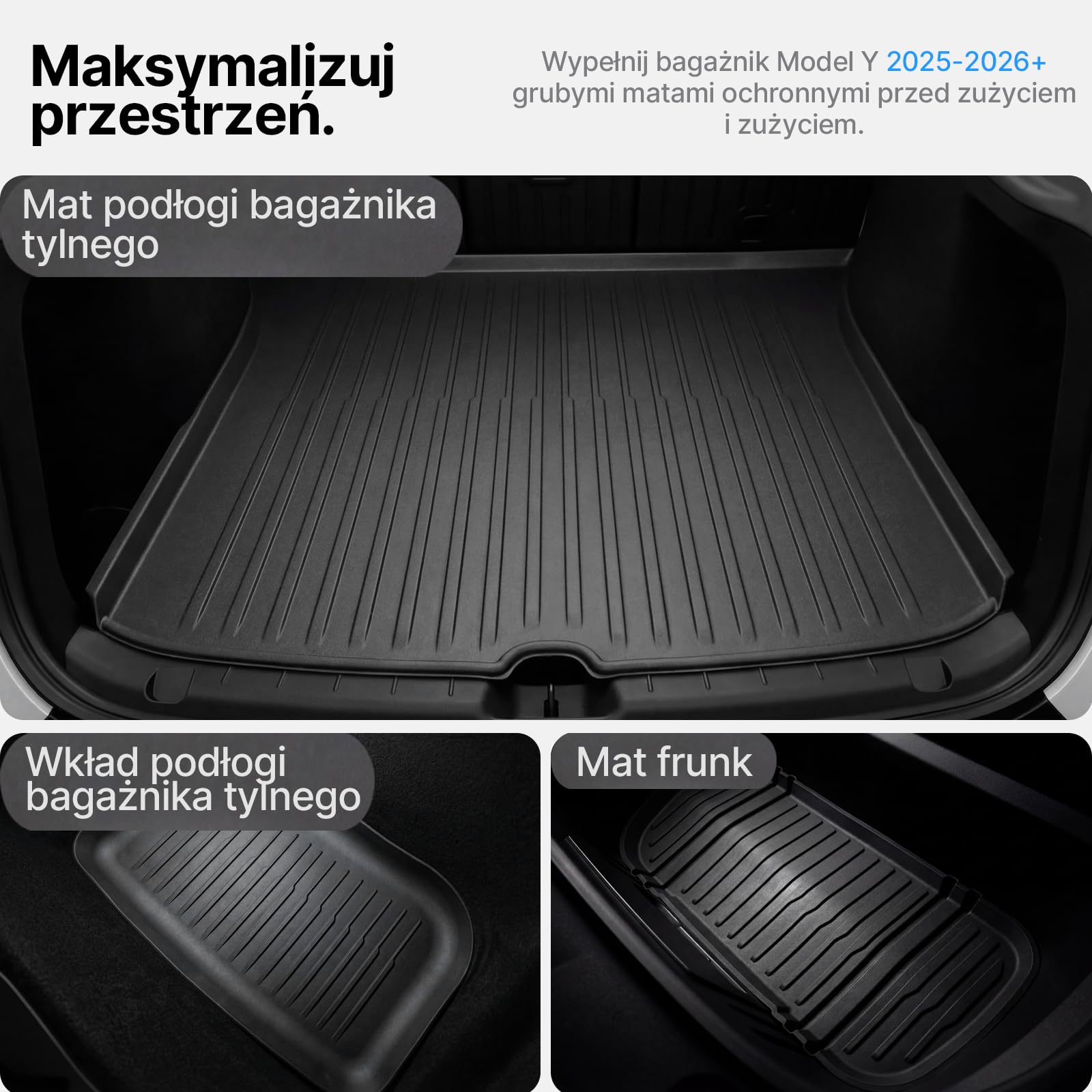 Dywaniki cargo na każdą pogodę do nowego modelu 2025 2026 Tesla Model Y Juniper mata do bagażnika z przodu i z tyłu maty ochronne antypoślizgowe akcesoria TPE (3 szt.)