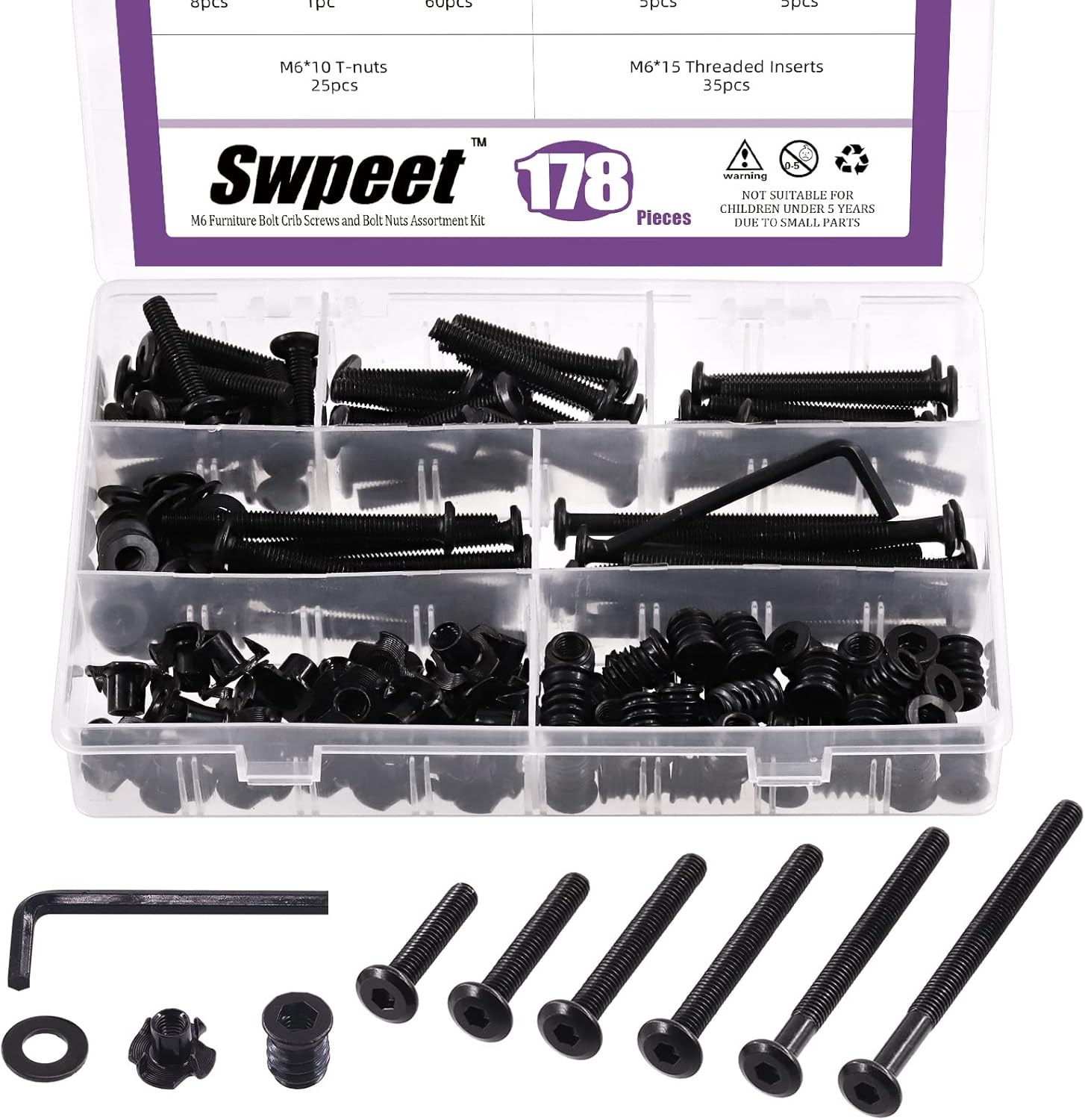 Swpeet 180Pcs 4 Types M6 Carbon Steel Black Hex Drive Socket Cap Bolts