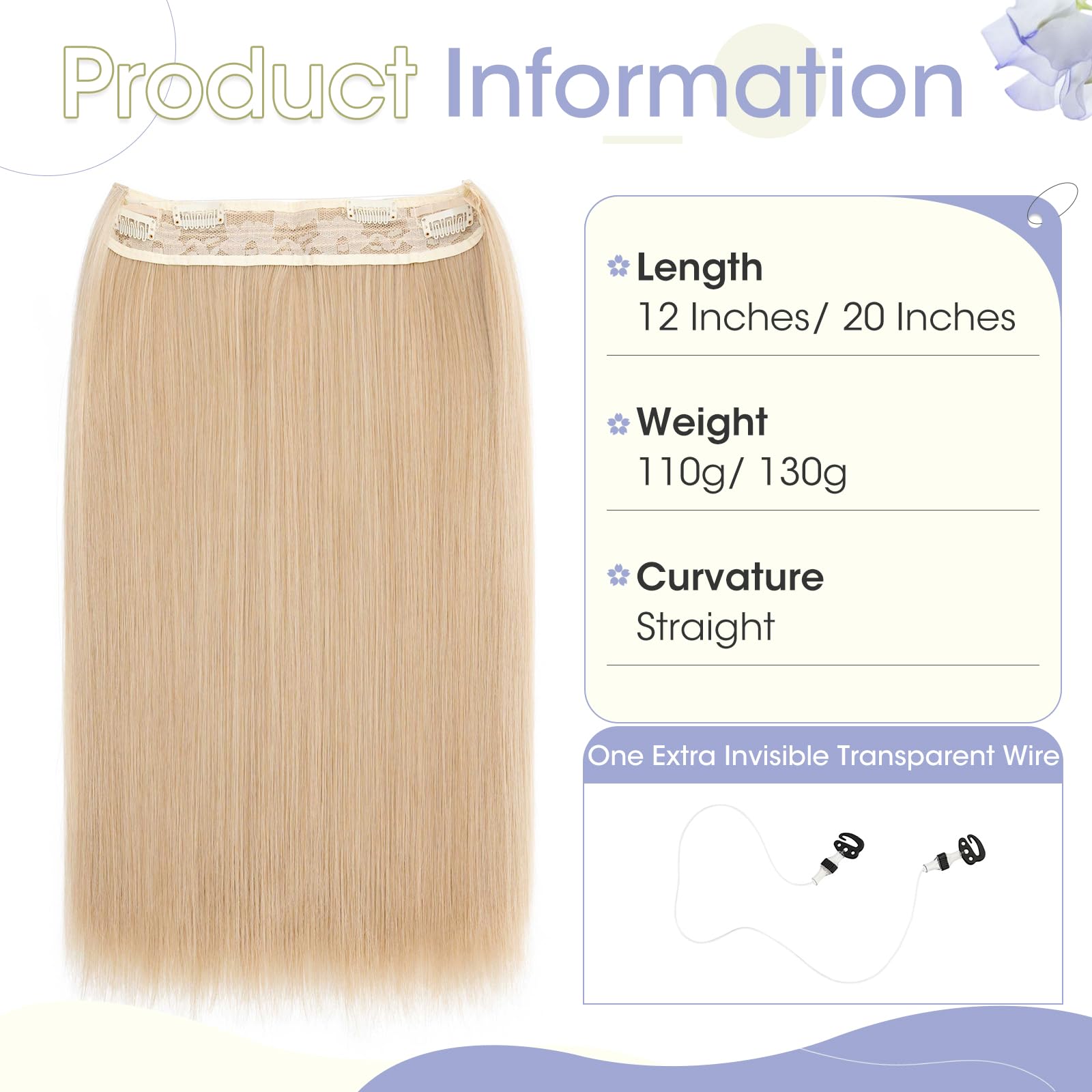 TESS Secret Wire Hair Extension Invisible One Piece Synthetic Hair Extensions Straight Full Thick Long Adjustable Hairpieces for Women (Ash Blonde Mixeded Pale Blonde - Image 2