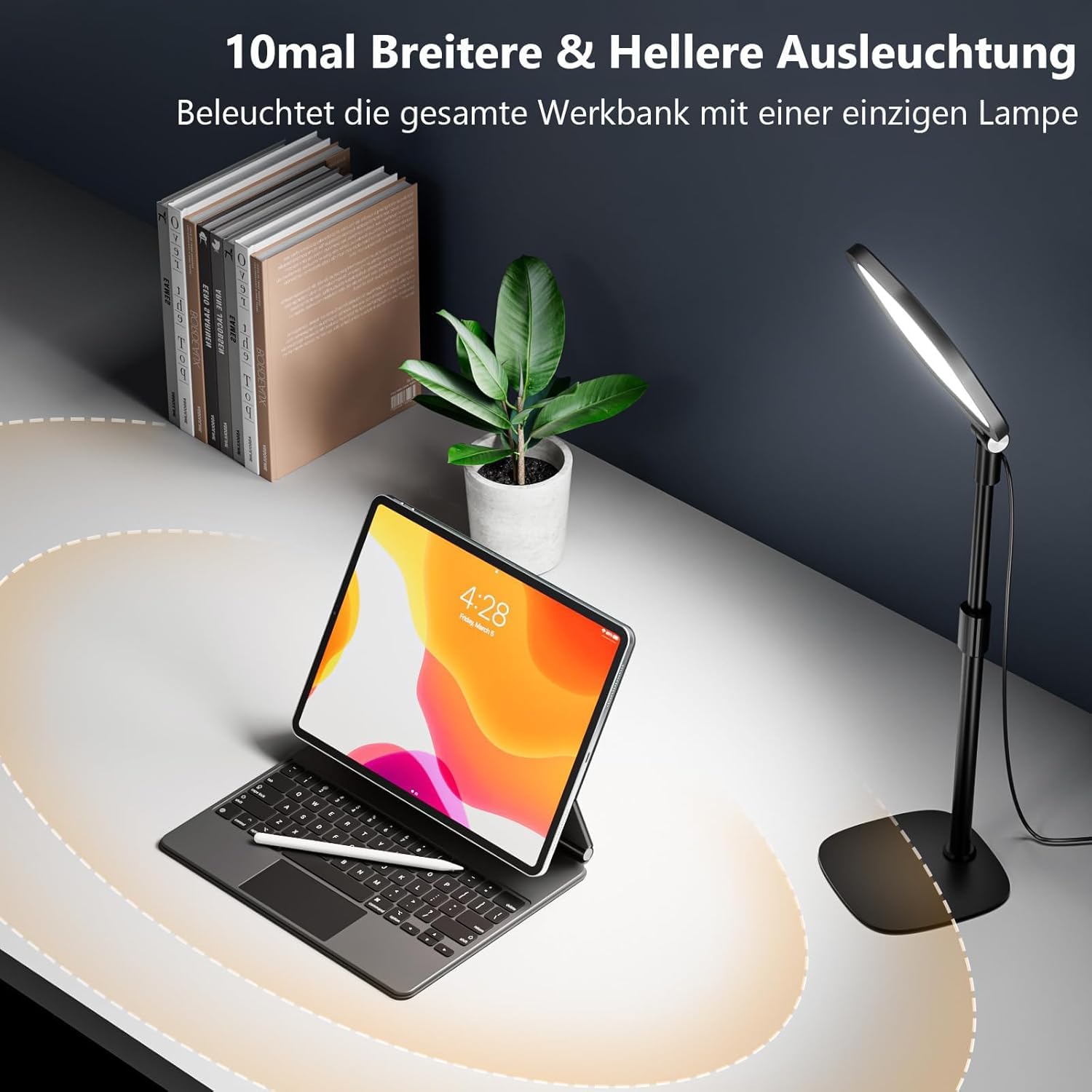 LitONES Schreibtischlampe LED für Videokonferenz, Dimmbar Tisch Ringlicht mit Stativ Handy - 3 Lichtfarben + 10 Helligkeiten, CRI 97.8 Augenschutz Bürolampe für Home-Office [Energieklasse A]