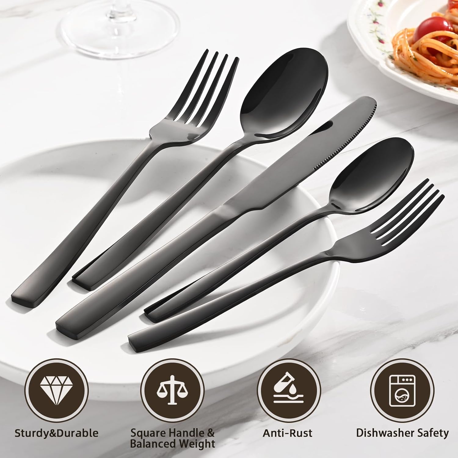 Black Silverware Set for 8-40-Piece - Mirror Finish Cutlery Set with Ultra-Glossy Mirror Finish, Dishwasher Safe Flatware Set for Home&Kitchen, Wedding, Picnic & Formal Dining
