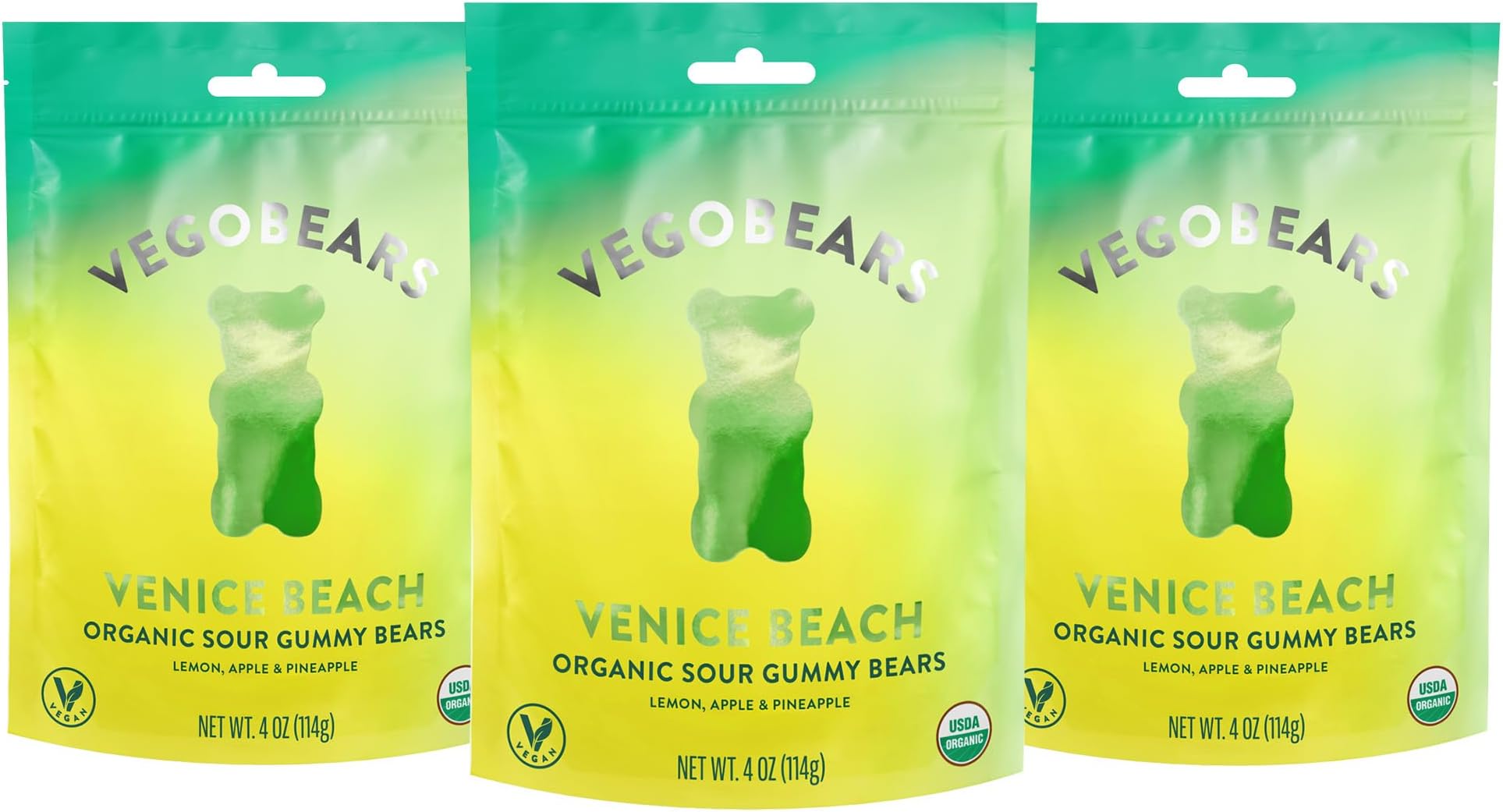 Candy People VegoBears Venice Beach Vegan Gummy Bears Organic Gummy Bears, Non-GMO, Lemon, Apple, & Pineapple Sour Gummies 4 Ounce (3 Pack)