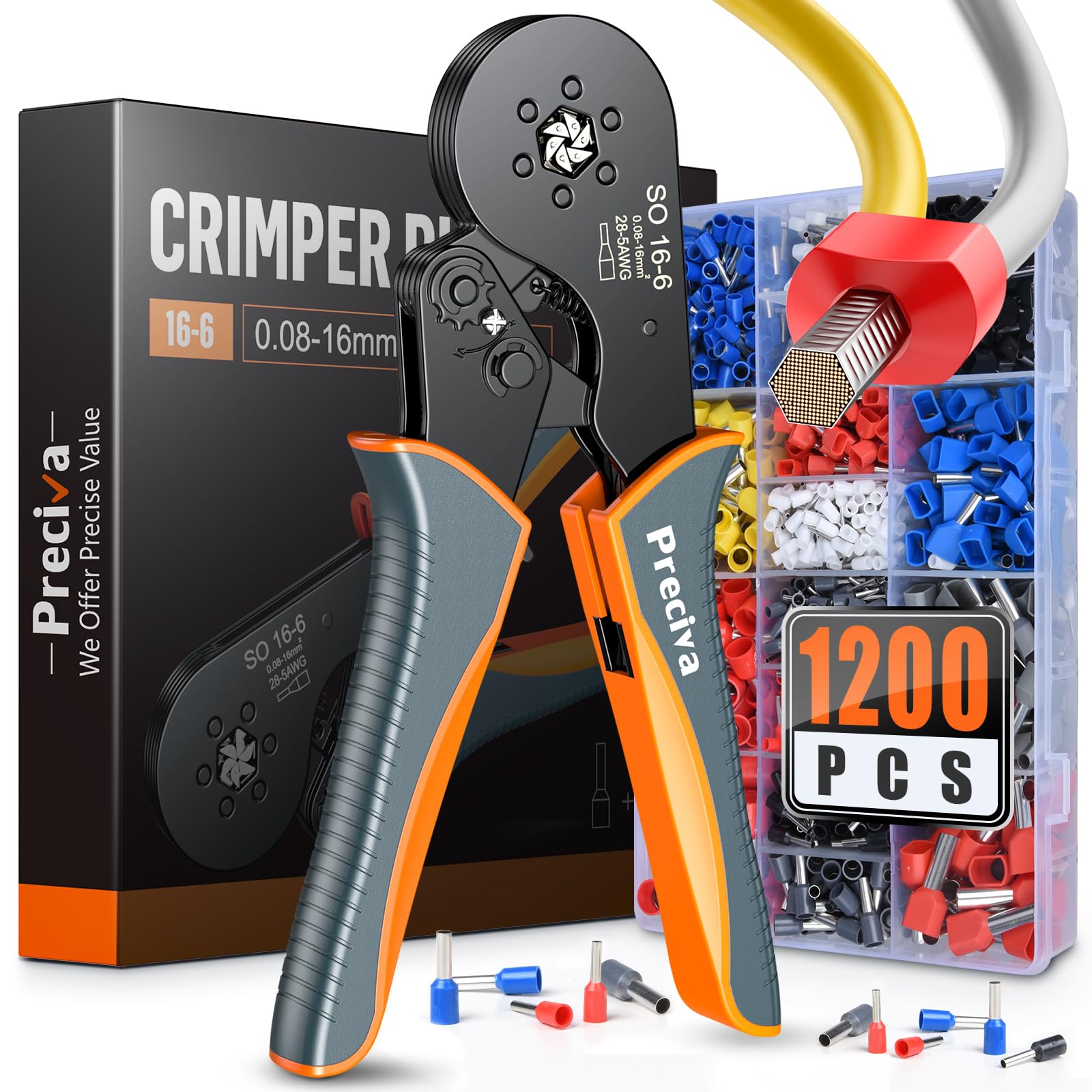 Preciva 0.08-16mm²/AWG 28-5 Crimping Tools, Wire Crimping Tool, Self-Adjsutable Ratchet Crimping Pliers, 16mm Bootlace Ferrule Crimping Tool, Gray&Orange (6 Side with Ferrules(0.08-16mm²))