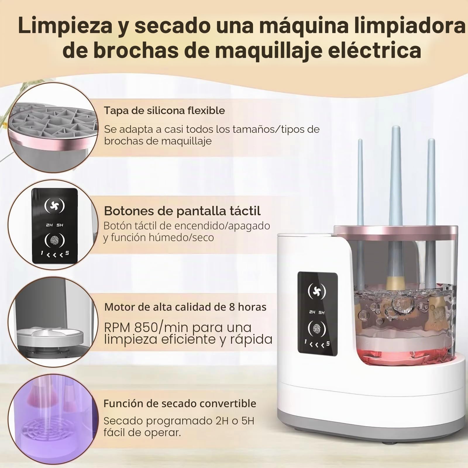 Limpiador 3 en1 Brochas Maquillaje，Máquina Limpieza Eléctrica con Secador & Soporte - Lavador Brochas Automático USB para Todas Tamaños Brochas Cosméticas & Beauty Blender, Parada Auto 5 Min