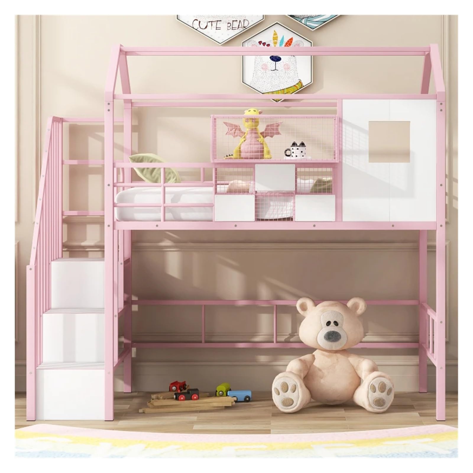 Amazon｜屋根デザインと収納ボックス付きメタルロフトベッド、ツイン