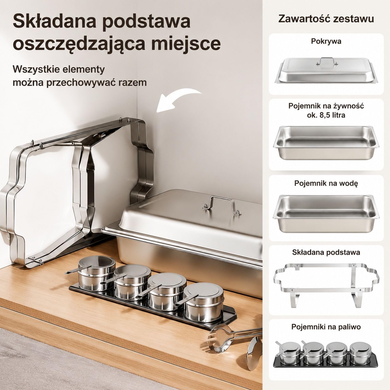 Prostokątny zestaw naczyń grzewczych 8,5 l, 2 sztuki srebrne, stal nierdzewna z pokrywką, uchwytem, pojemnikiem na paliwo i szczypcami do bufetu