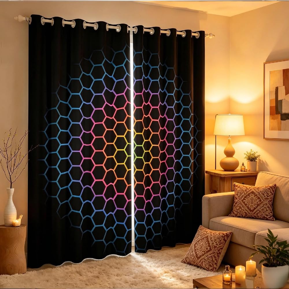 Loussiesd Geometric Window Curtains for Bedroom Living Room Honeycomb Window Drapes for Kids Boys Girls Multicolor Hexagonal Shaped Window Treatments Orange Yellow Red Blue Black W46*L72 โ image 1