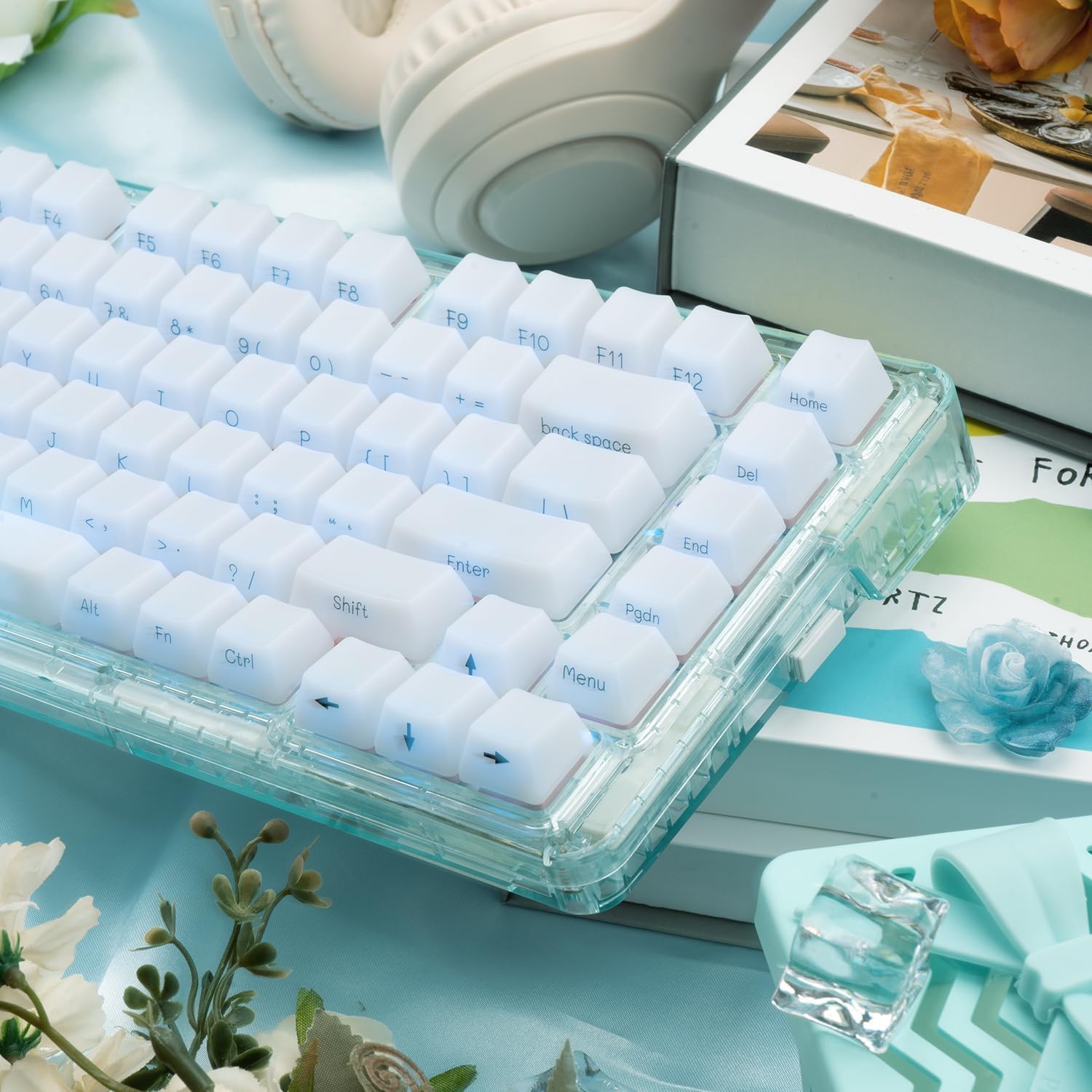 Side Print Shine Through White Jade Keycap - OEM Profile Custom ABS Key Caps for Mechanical Gaming Keyboard, 130 Keys