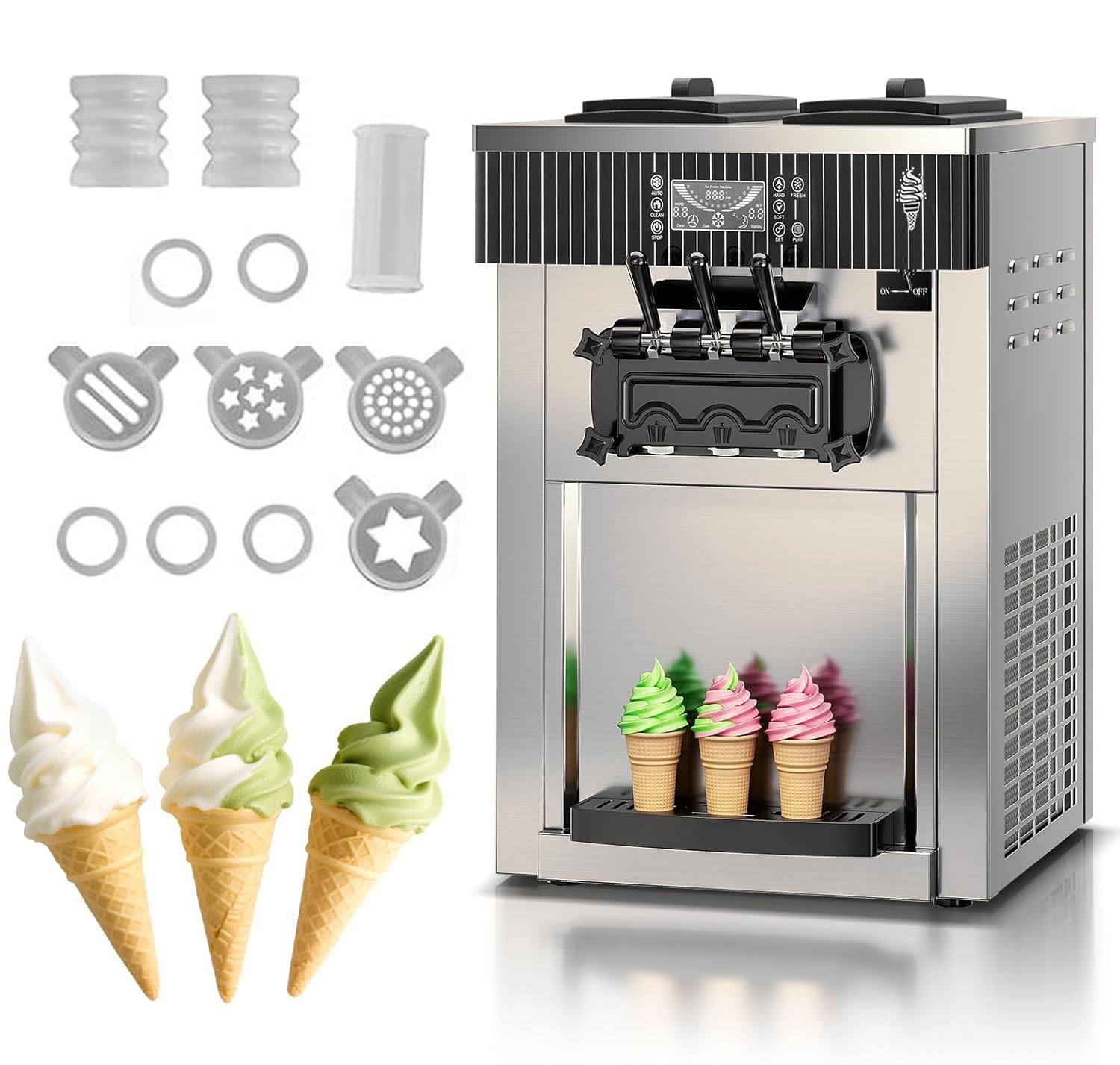 Machine à Crème Glacée YKF-8218T, 6L*2 Trémies, 2+1 Saveurs 20-28L/h Machine à Crème Glacée Commerciale pour les endroits très sollicités comme les pubs/les cafés/les magasins