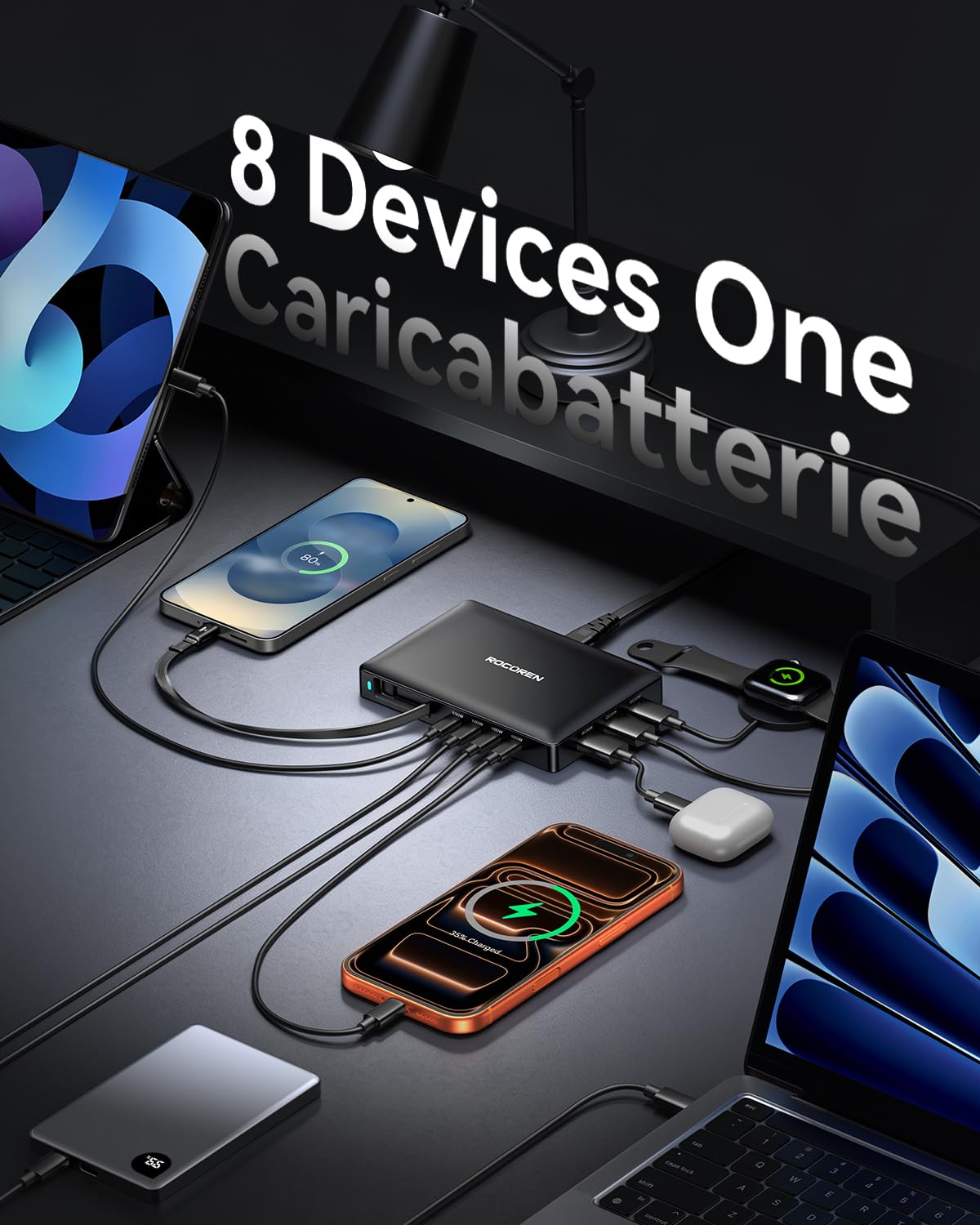 Rocoren Caricatore USB C 8 in 1 Multiplo con Cavo Retrattile, Ricarica USB GaN, più Dispositivi Compatibili con Laptop, MacBook, iPad, iPhone, Samsung e Altro Ancora