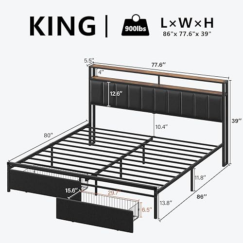 Miniatura 30 de Base de cama King con 2 cajones de almacenamiento, cabecera de poliuretano de almacenamiento de 2 niveles con estación de carga y luces LED, gris