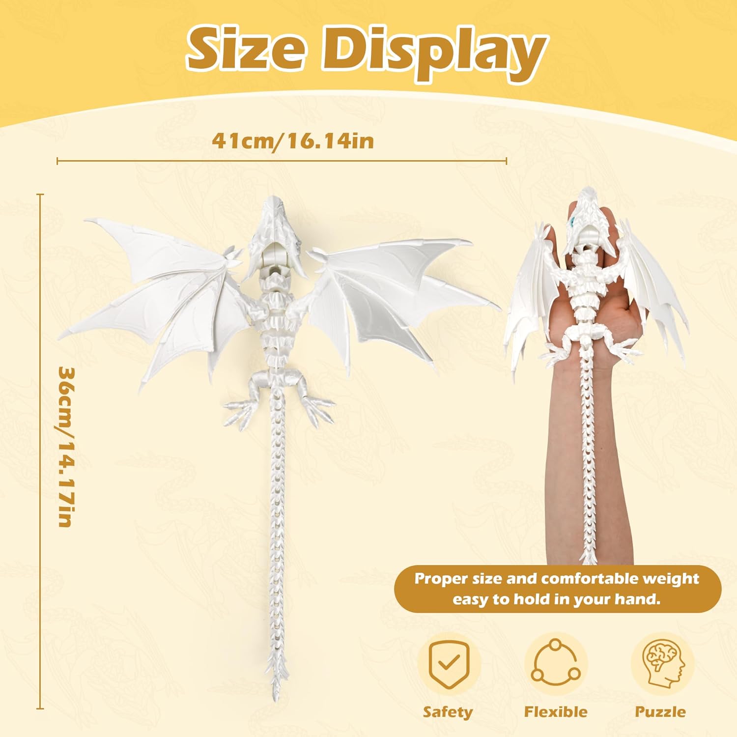 3D Printed Articulated Winged Dragon Toy, Flexible Fidget Dragon Figure for Kids & Adults, Luminous White Crystal Dragon Model, Stress Relief Desk Decor, Gift for Dragon Lovers