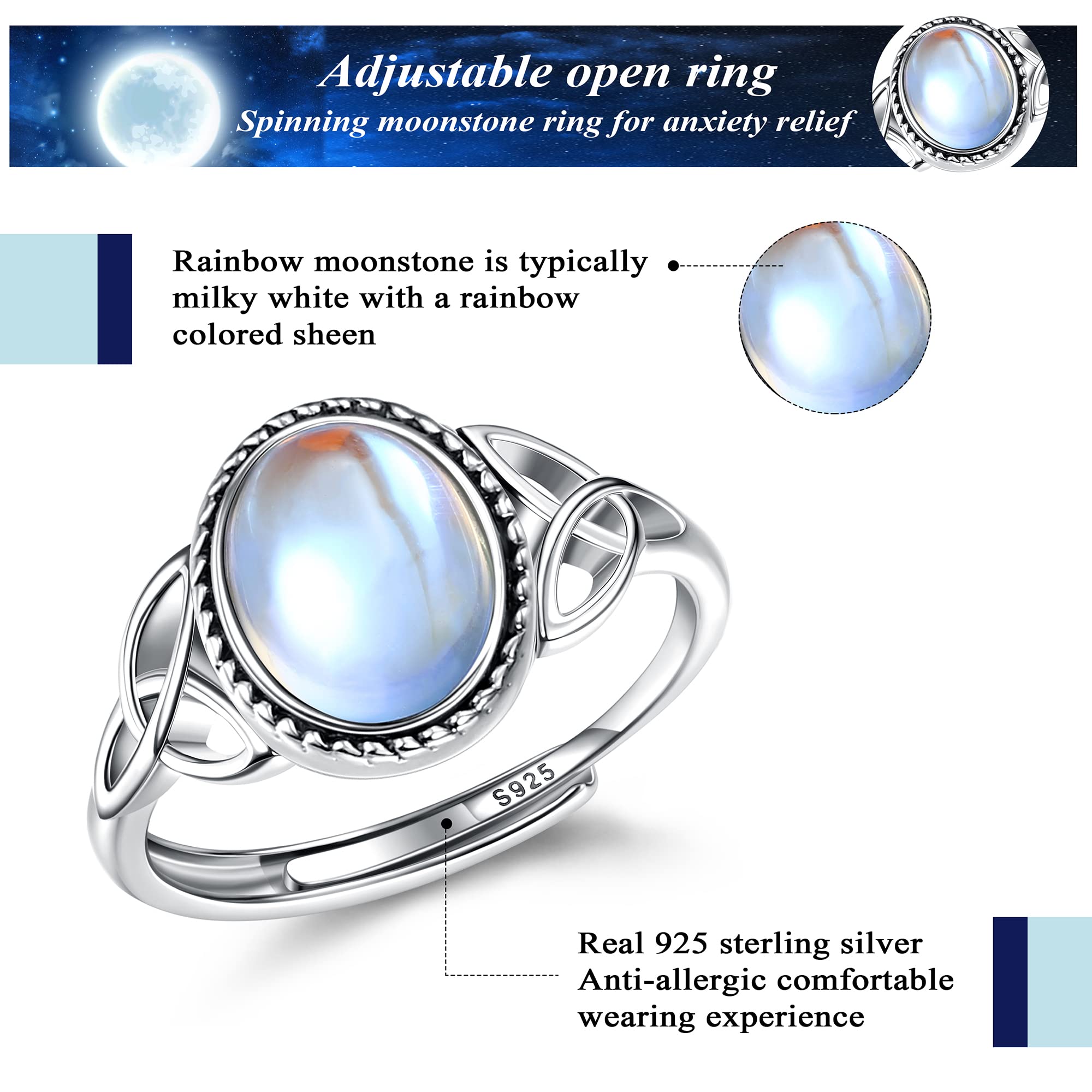 MILACOLATO Silber 925 Damen Mondstein Ring Verstellbar - Vintage Keltisches Dreieck Zirkonia Schmuck - Oval Rund Herz Edelstein - Für Frauen Mit Geschenkbox