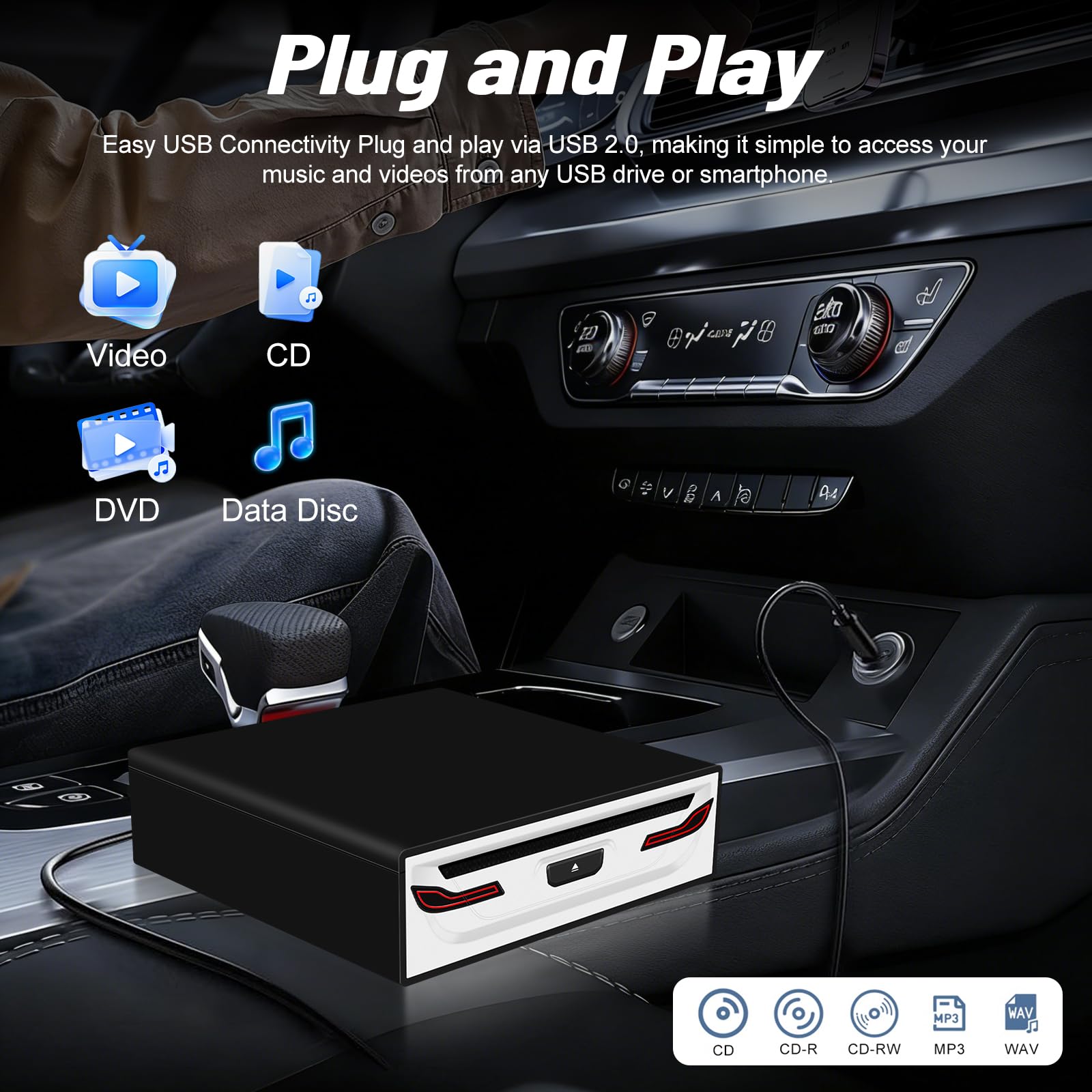 NHOPEEW Externer USB-CD-/DVD-Player Für Auto Laptop und Smart-TV | Plug & Play, Kompatibel mit Android-Tablets, Inkl. USB-Kabel und Halterung Stoßschutz