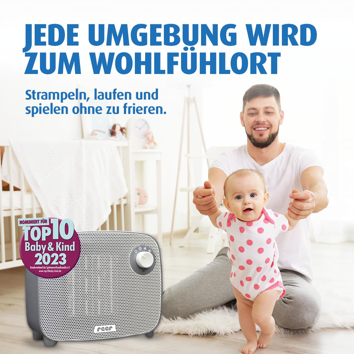 Reer FeelWell Air Heizlüfter für Babys 3in1 - Zuverlässig, Wärmend, Sicher - 2 Wärmestufen und Kühlfunktion, anthrazit