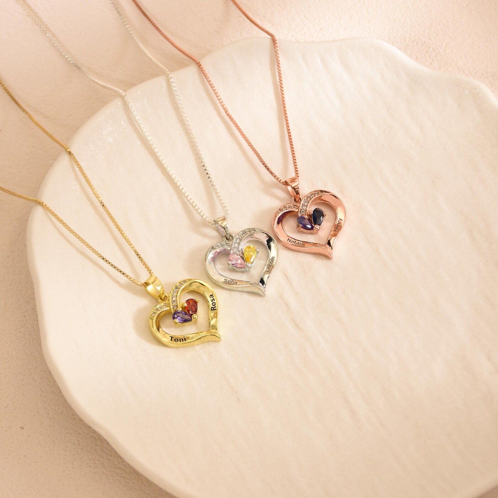 Cuore collana con pietra portafortuna, due nome su misura con pietra portafortuna famiglia coppia per mamma