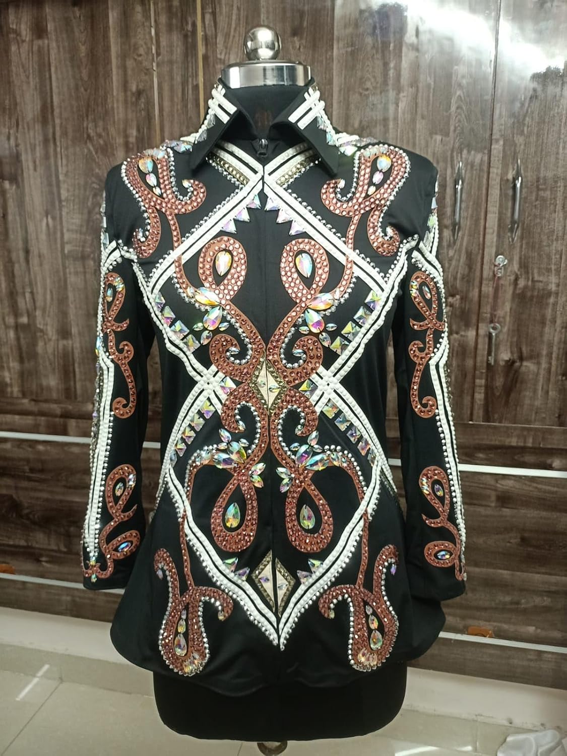 Western Women's Black and Gold with silver linings Showmanship Jackets Glass Stone Handmade Embroidery Equestrian Outfit