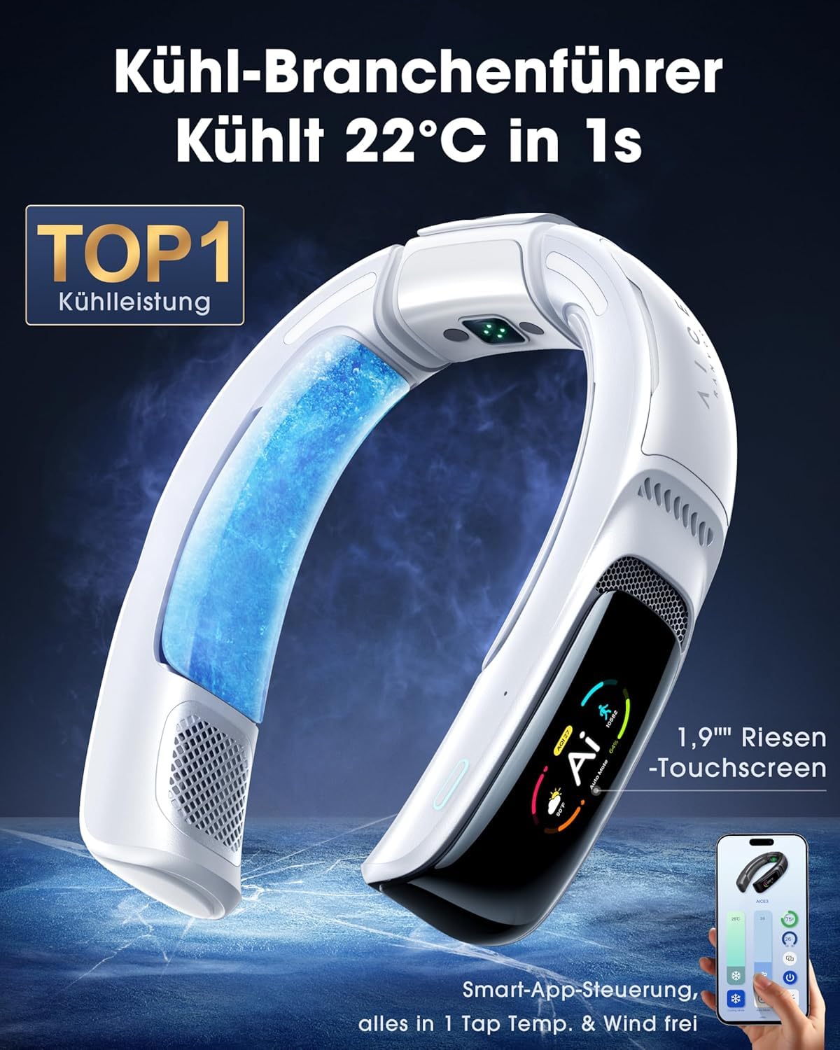 Nr.1 Kühlung AICE 3 AI Nacken-Klimaanlage 7000mAh 30H [Kühlung/Heizung] [Gesundheitsmonitor] Nackenventilator mit Kaltluft, App, wiederaufladbar, Musik, Anrufe, Geschenk, Eisweiß, ohne Ständer