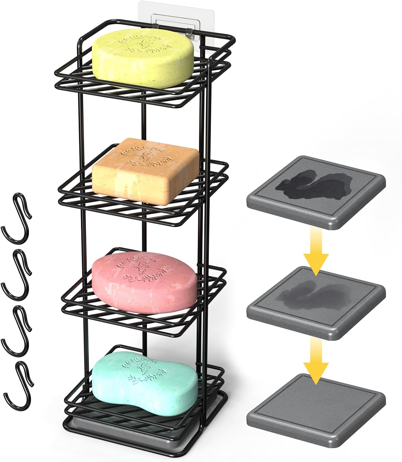 NiHome 4-Tier Vertical Soap Holder with Diatomite Mat, Rustproof Metal Shower Organizer for Bar Soap, Shampoo Bars, Sponges, Skincare, Fast-Drainage Open Slot Rack for Bathroom and Kitchen Countertops