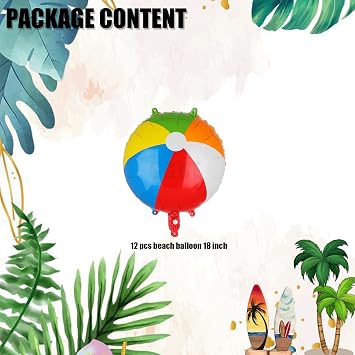 Rainbow Beach Balloons 18 Inch Mylar Beach Balloon Summer Luau Theme 12Pcs | Swimming Hawaiian Hawaii Beachs Pool Theme Birthday Party Decor Supplies Ball