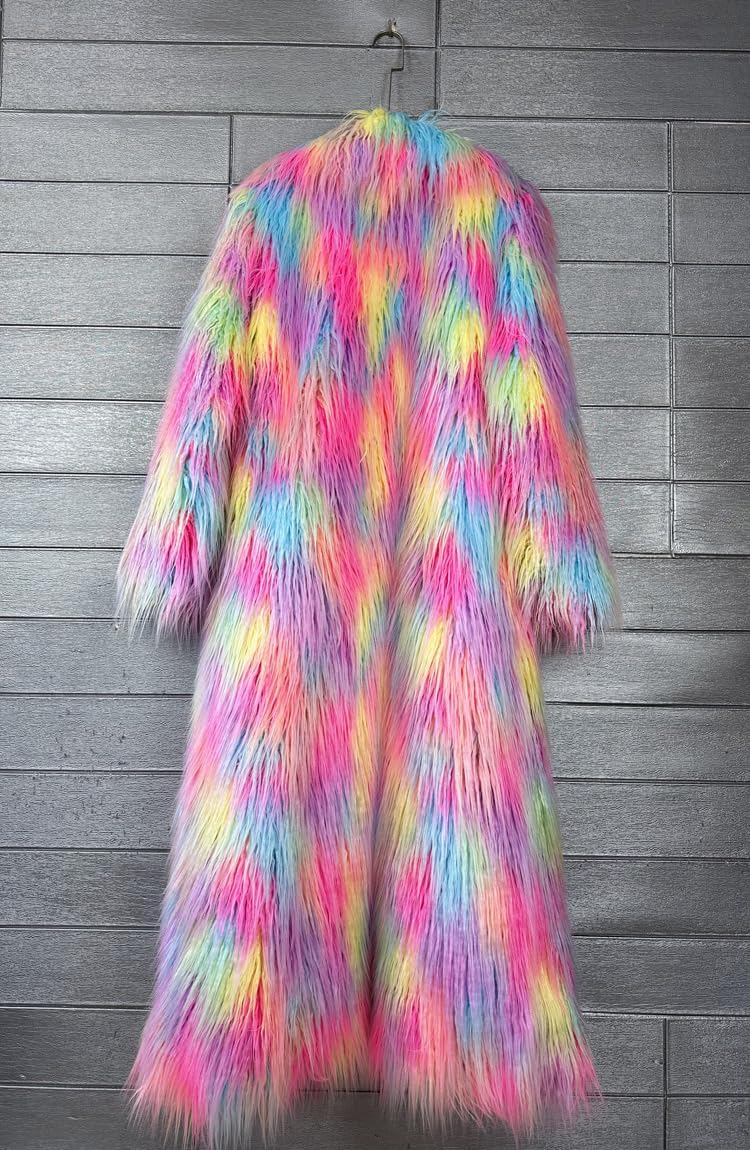 Shaggy Fluffy Faux Fur Coat With Candy Multicolored Sweater Women's Extend Ankle Puffy Outwear - Image 4