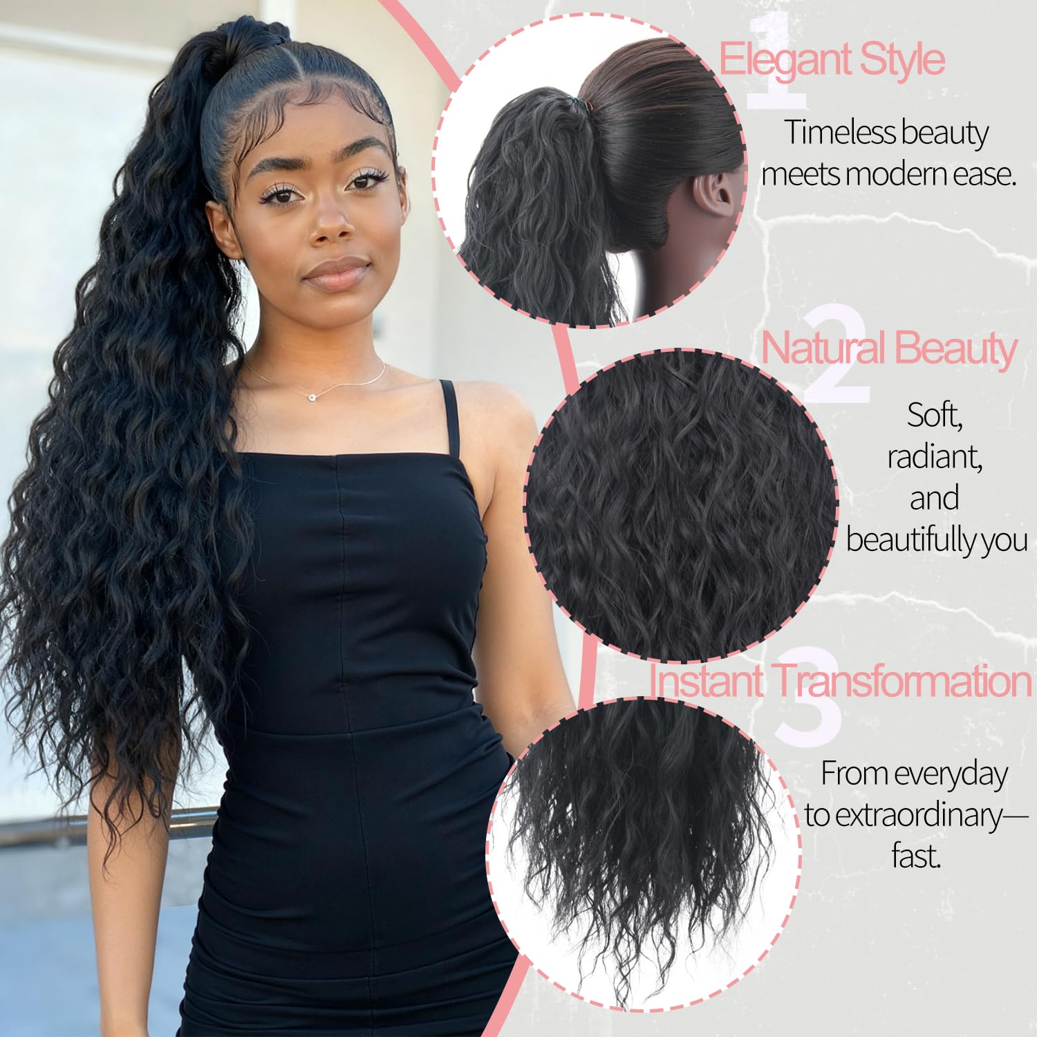 20 Inch Natural Looking Drawstring Ponytail Extension for Women - Curly/Wavy Synthetic Hairpiece, Fluffy & Daily Wear (1B, 20 Inch)