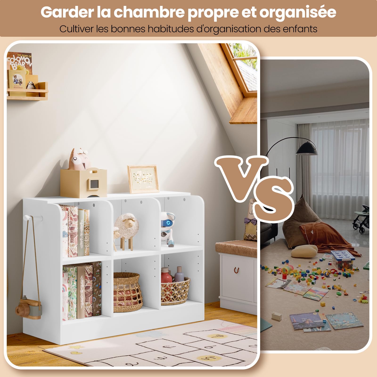 Lestarain Bibliothèque Enfant, Étagère à 6 Compartiments, Meuble Rangement avec Étagères Réglables, pour Chambre d'Enfant, Salle de Jeux, 91,5x30x60cm, Blanc