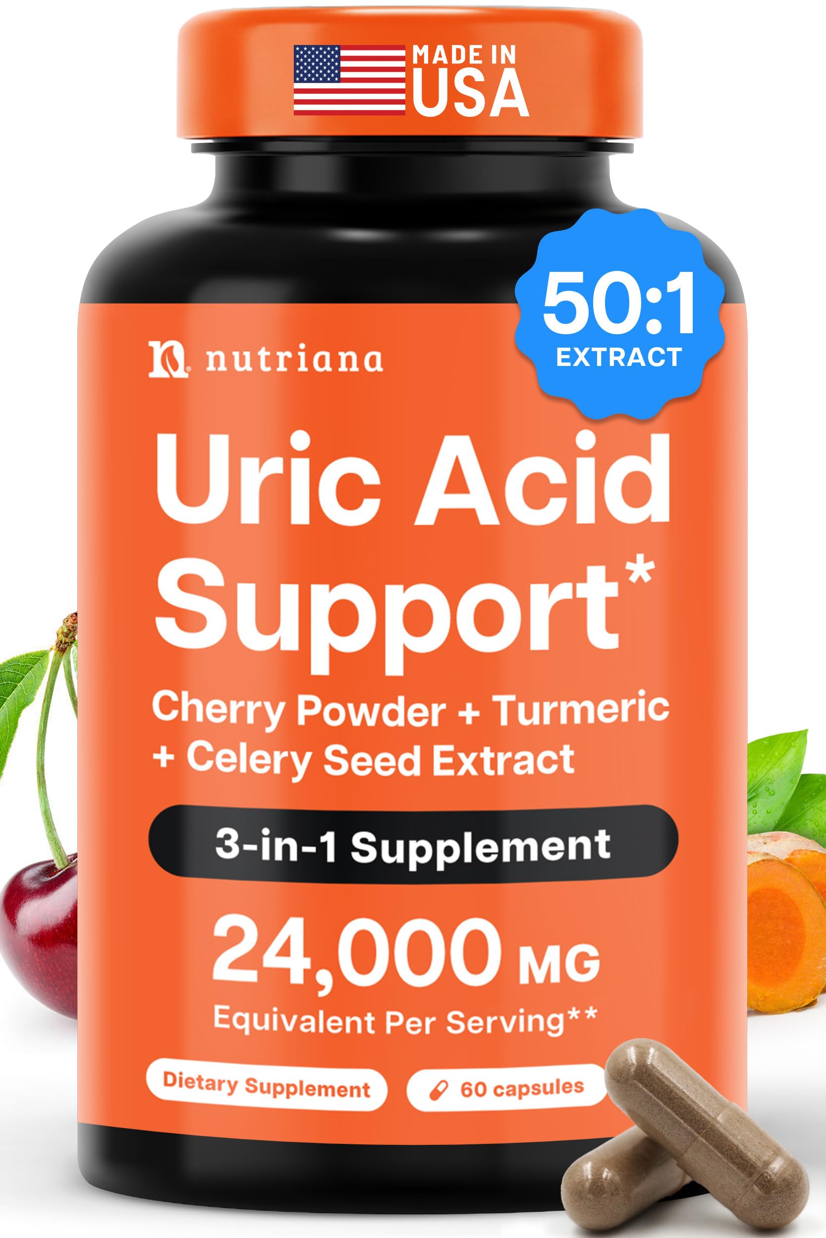 3 in 1 Uric Acid Flush Cleanse – Tart Cherry Extract with Turmeric & Celery Seed Supplement Purge - Feet and Joint Support - 60 Veggie Capsules