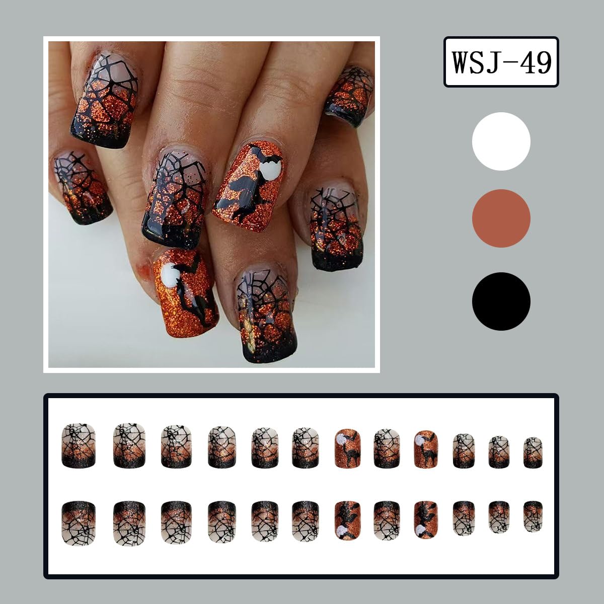 Halloween Press On Nails Short Square Fake Nails Spider Wed With Bat Design Glitter French Tip False Nails Reusable Glue On Halloween Nails Stick On Nail For Women Girl Manicure 24pcs