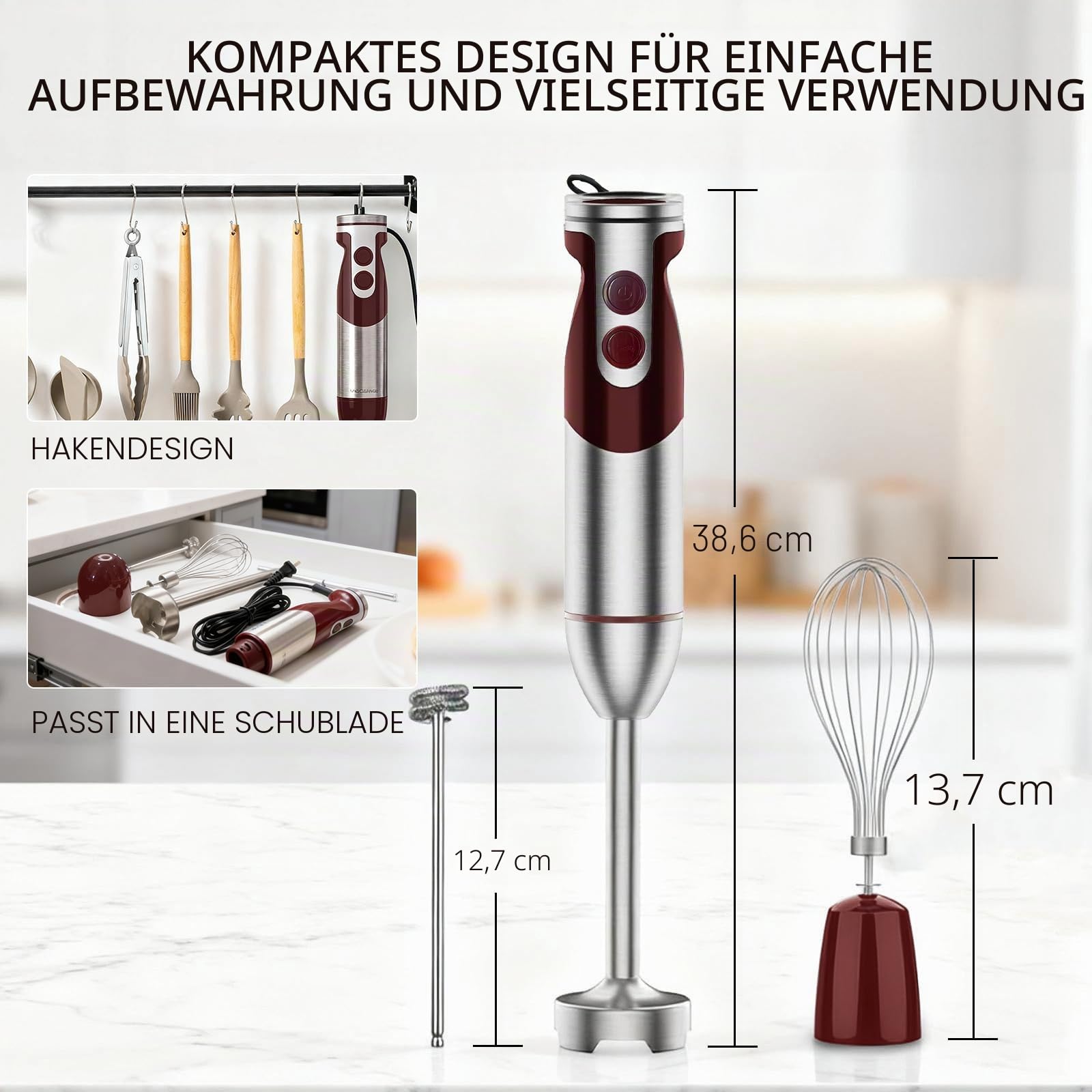 3-in-1 Taucher-Stabmixer, leistungsstarker 1000 W Edelstahl-Stabmixer, 4 scharfe Klingen mit Schneebesen, Milchaufschäumer-Aufsätze