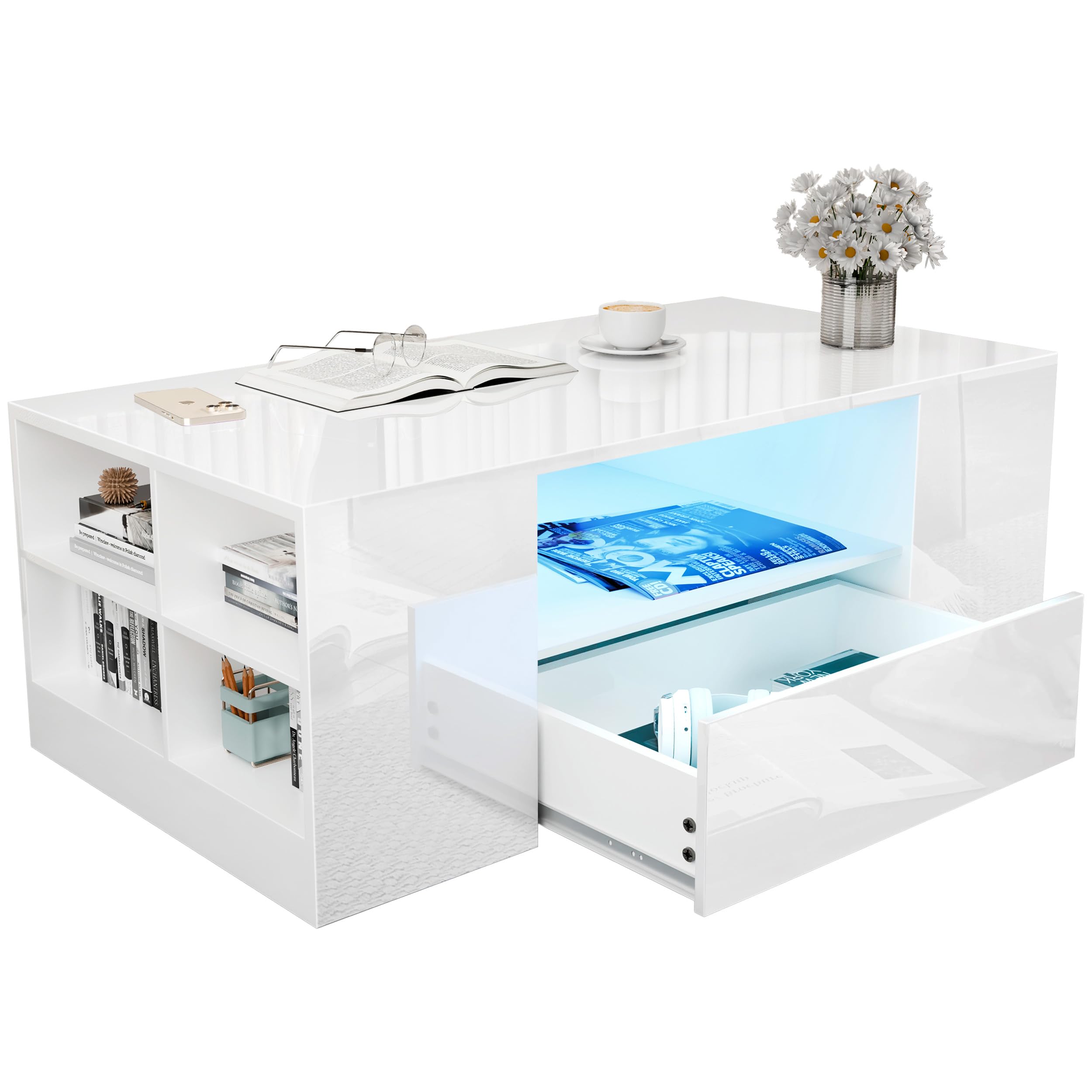 Blisswood Led Coffee Table with 2 Drawer Storage, High Gloss Coffee Table for Living Room Wooden Centre Table with RGB Led Lights Rectangle Tea Table for Living Room Furniture, White