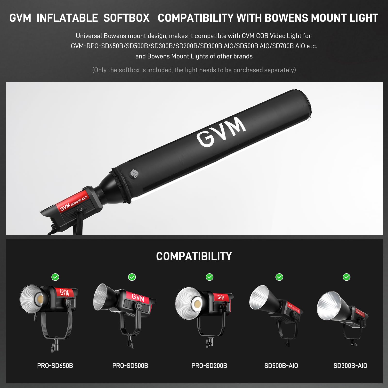 GVM 43 Zoll Aufblasbare Softbox, Faltbare Air Tube Softbox mit Luftpumpe, Kompatibilität für GVM SD300C/500B/650B und andere Bowens-Halterungslicht, Air Softbox für Studio-Porträts, Videoaufnahme