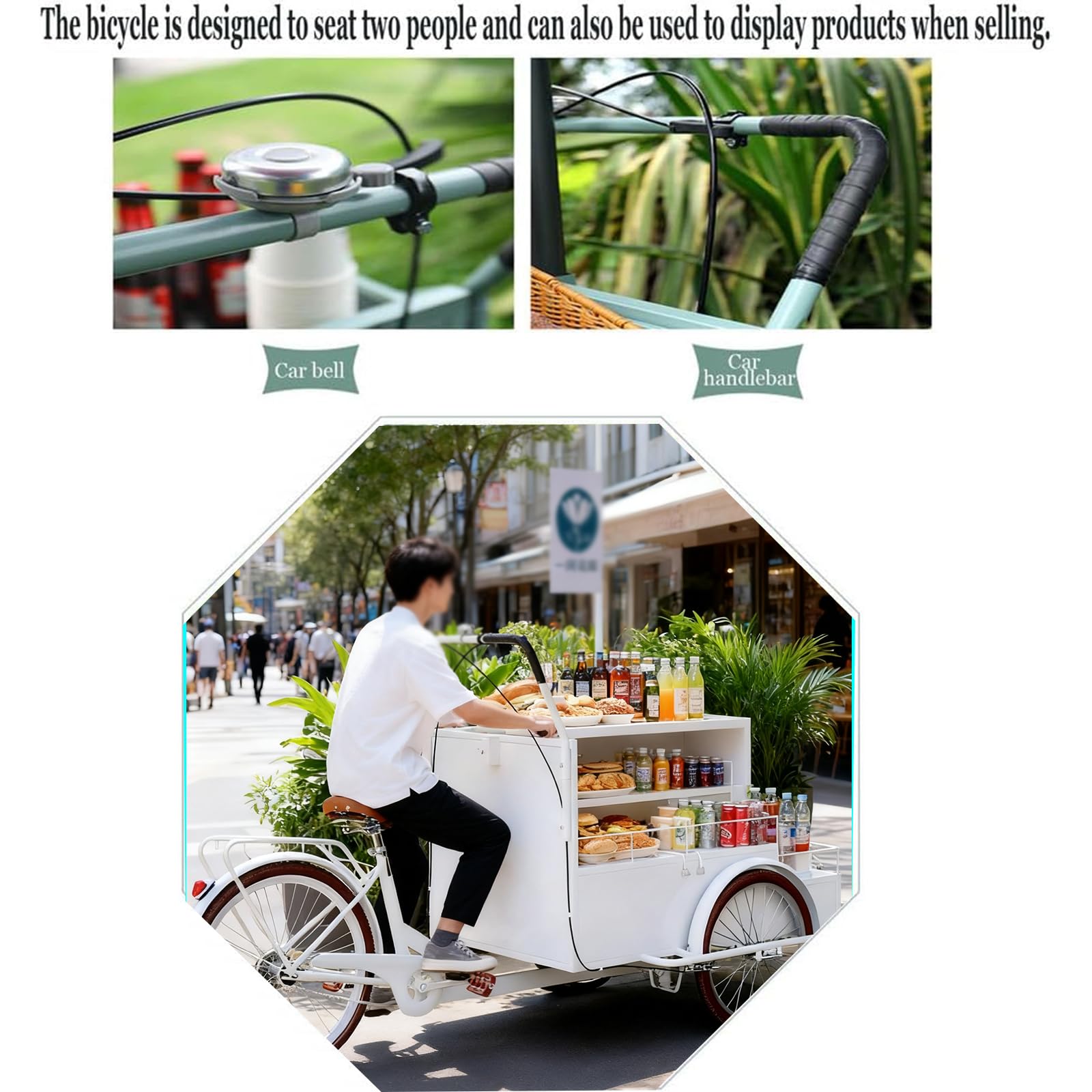 Carrello da Vendita Mobile a Triciclo, Food Truck Mobile a Triciclo per succhi, Carrello per Fiori con ombrelloni spinto a Mano, per la Vendita di Cibo da Strada,B