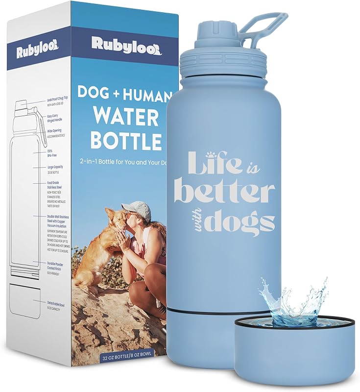 Garrafa de Água para Cães em Aço Inoxidável com Tigela Destacável Rubyloo, 240 mL, Modelo 1012