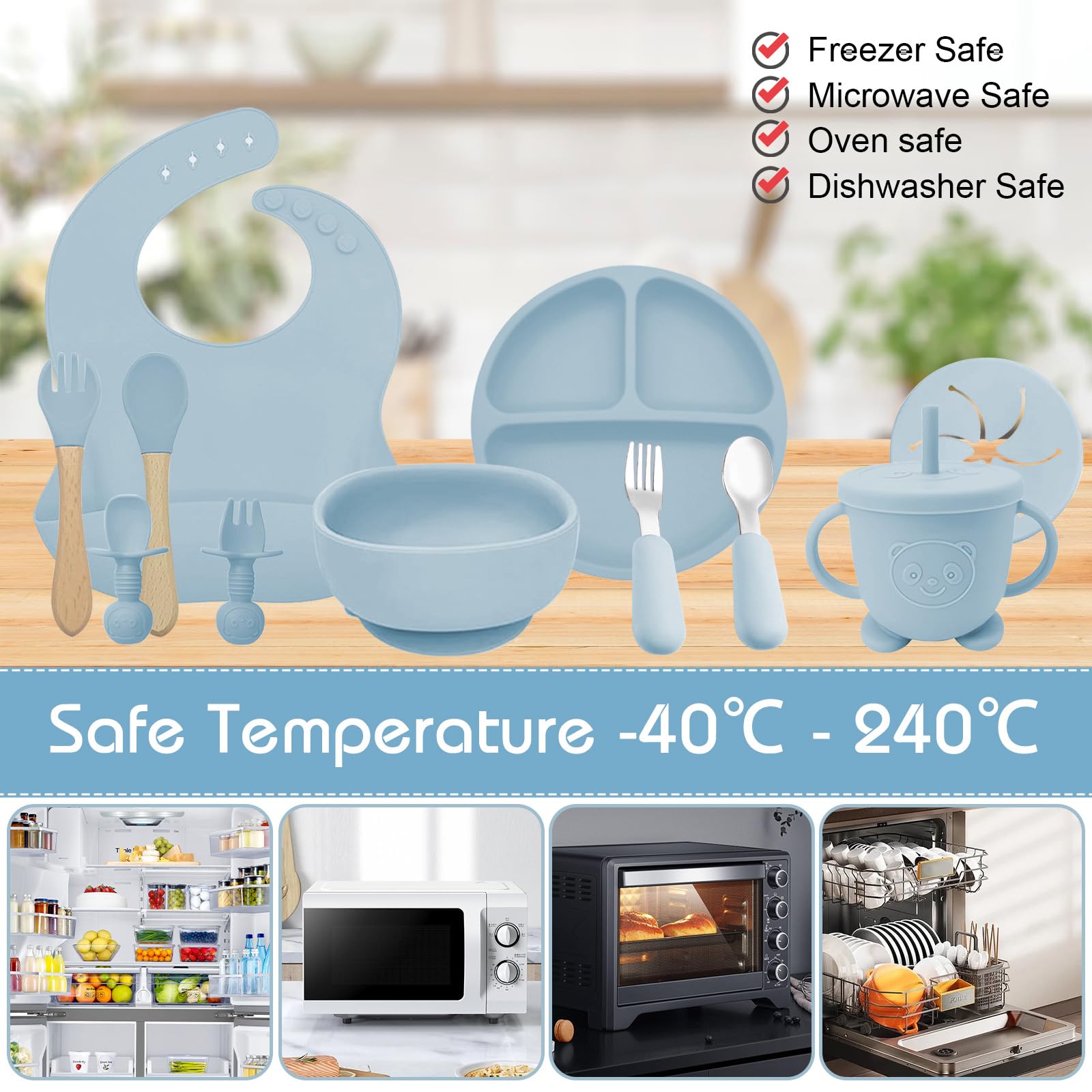 Set Repas Bébé 11 Pièces Silicone - Assiette Ventouse, Bol, Couverts, Bavoir - Sans BPA